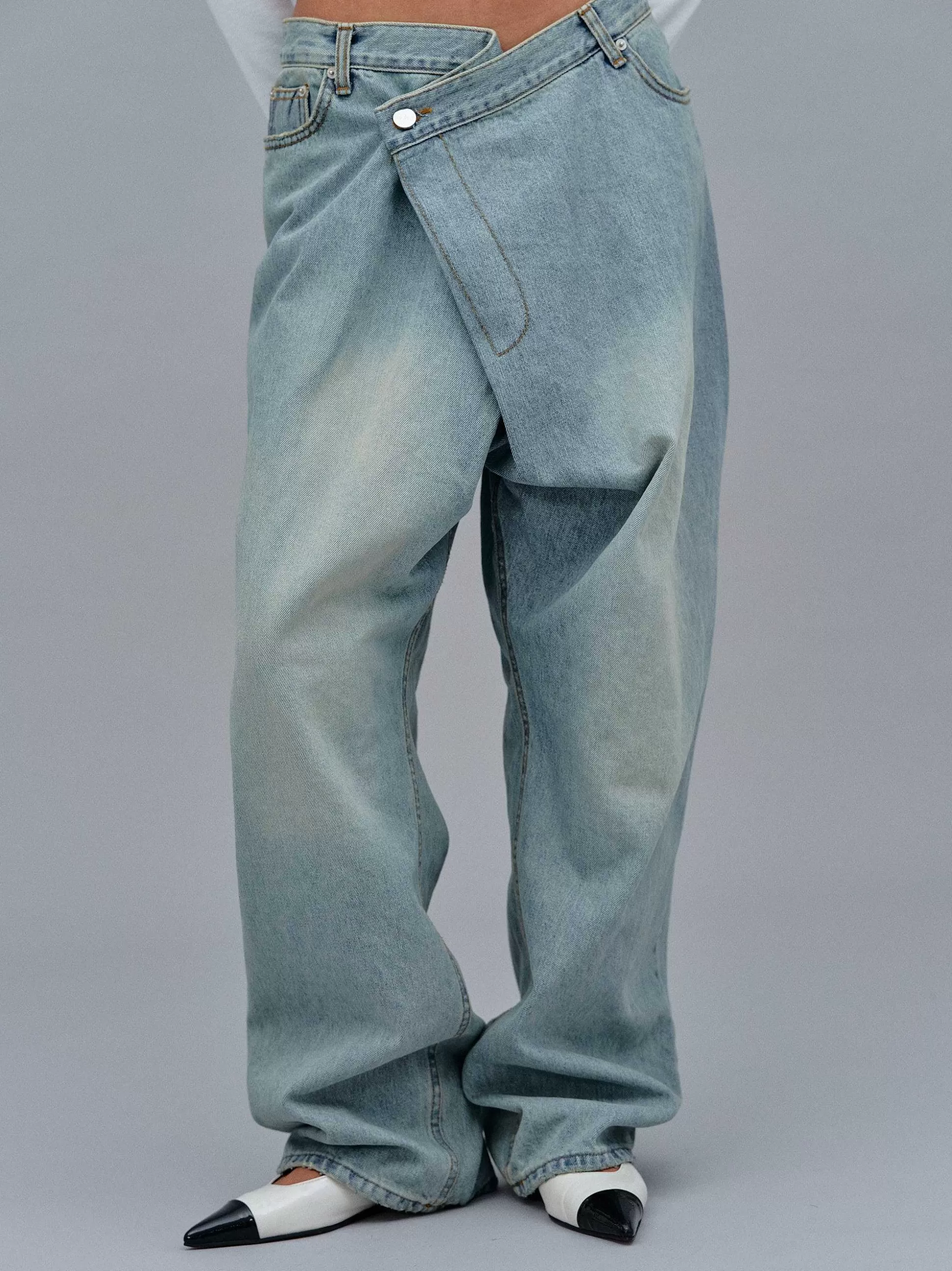 Women Source Unknown Denim-Asymmetric Wrap Faded Jeans, Stone Wash