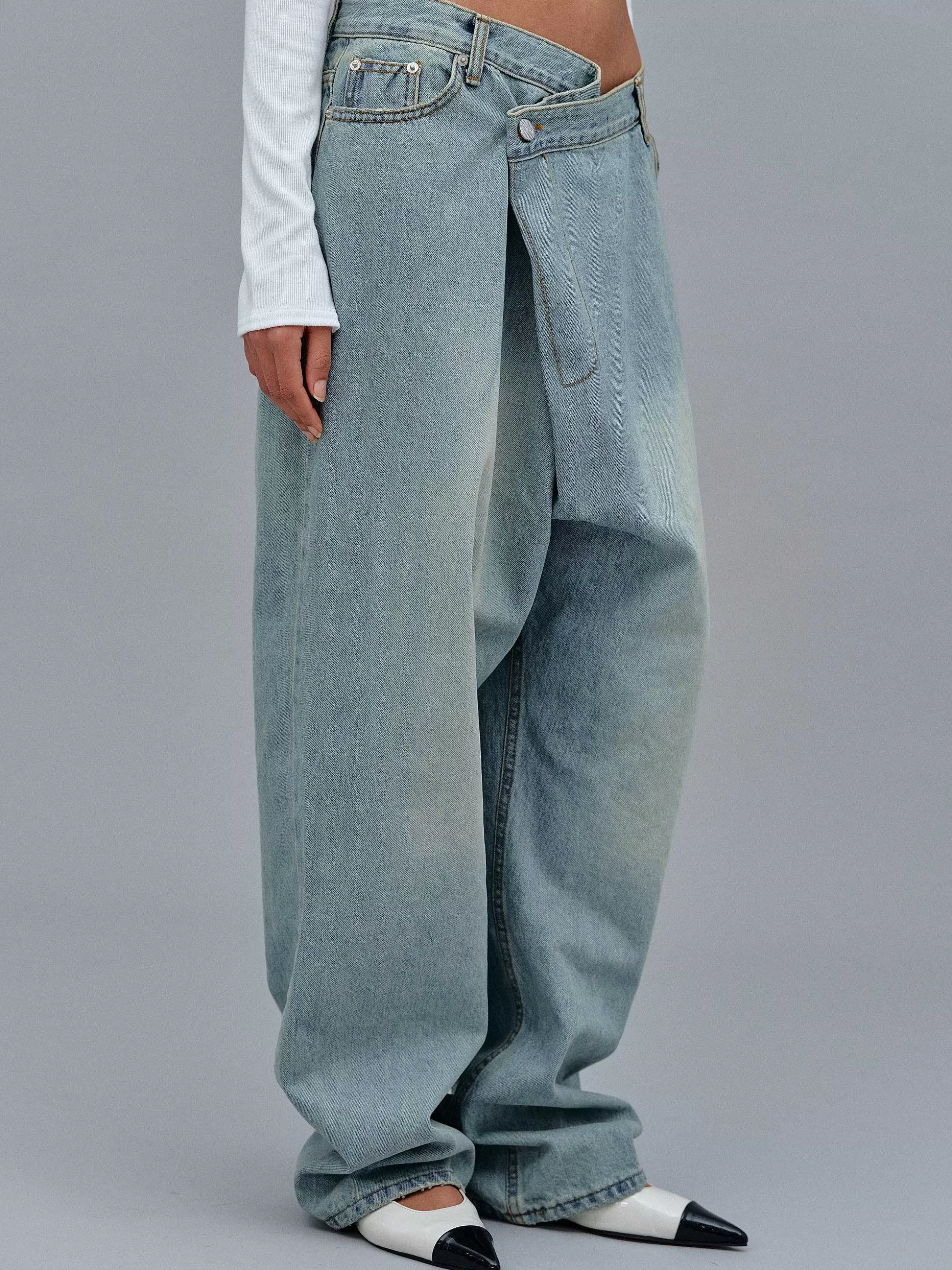 Women Source Unknown Denim-Asymmetric Wrap Faded Jeans, Stone Wash