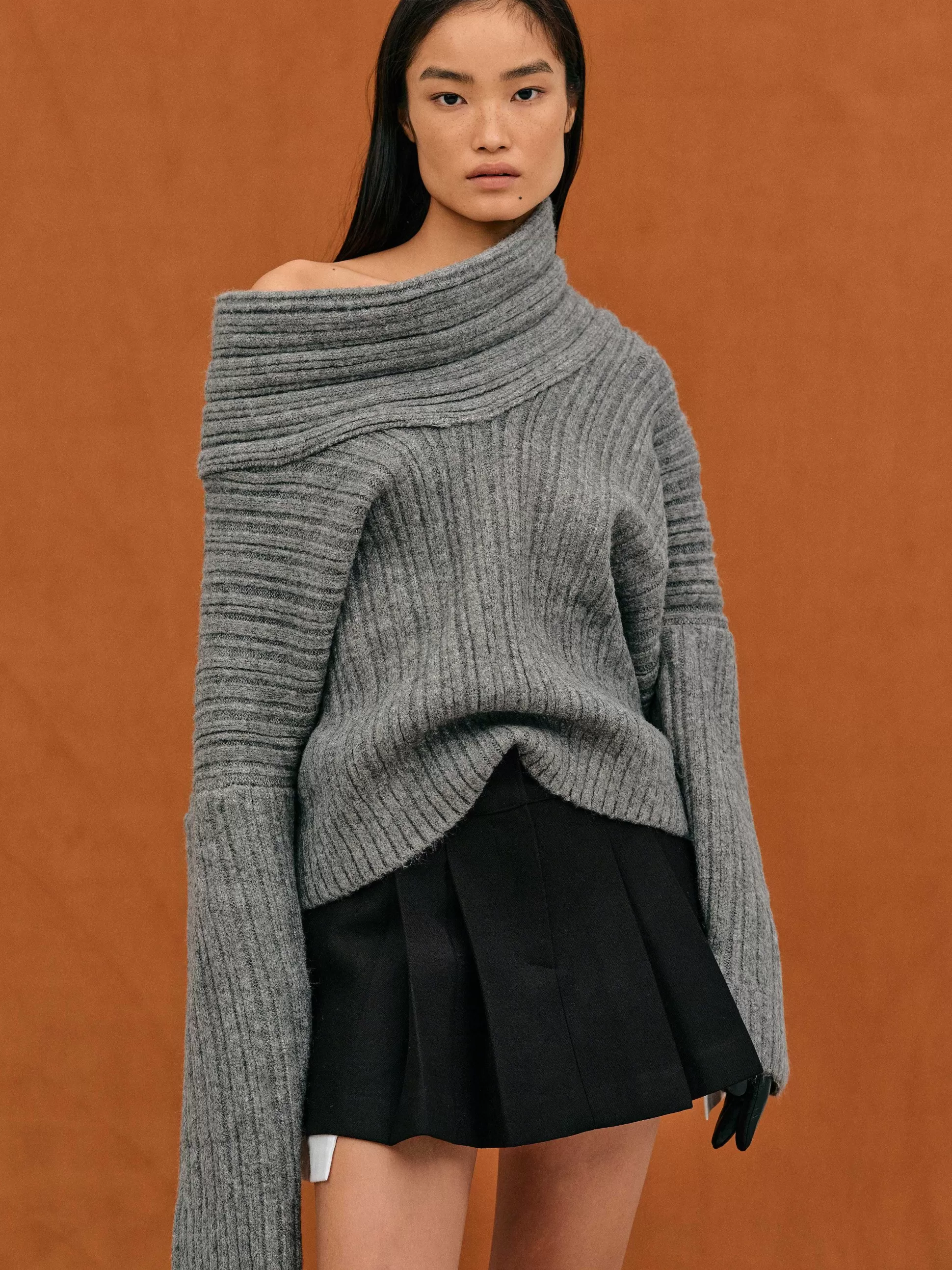 Women Source Unknown Accessories-Becca Oversized High Roll Knit Pullover, Storm Grey