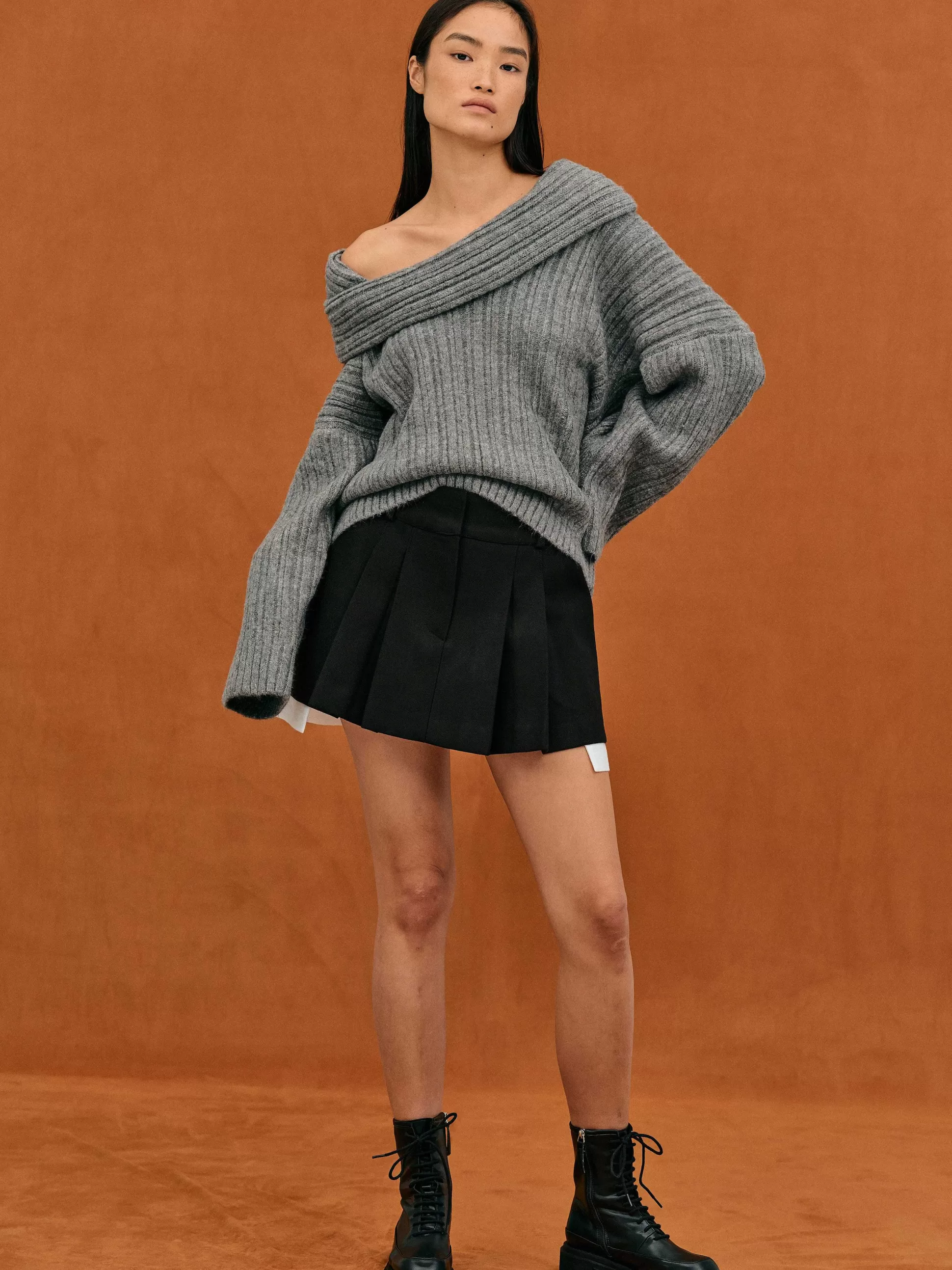 Women Source Unknown Accessories-Becca Oversized High Roll Knit Pullover, Storm Grey