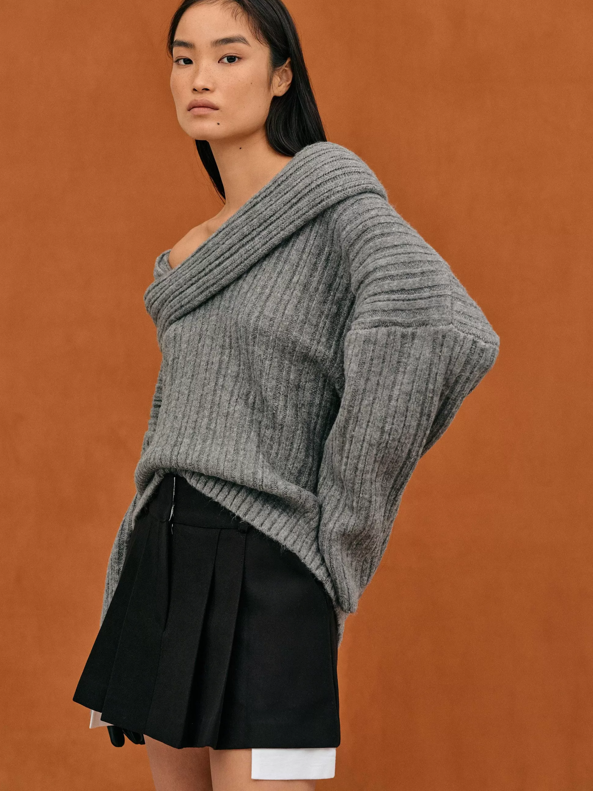 Women Source Unknown Accessories-Becca Oversized High Roll Knit Pullover, Storm Grey
