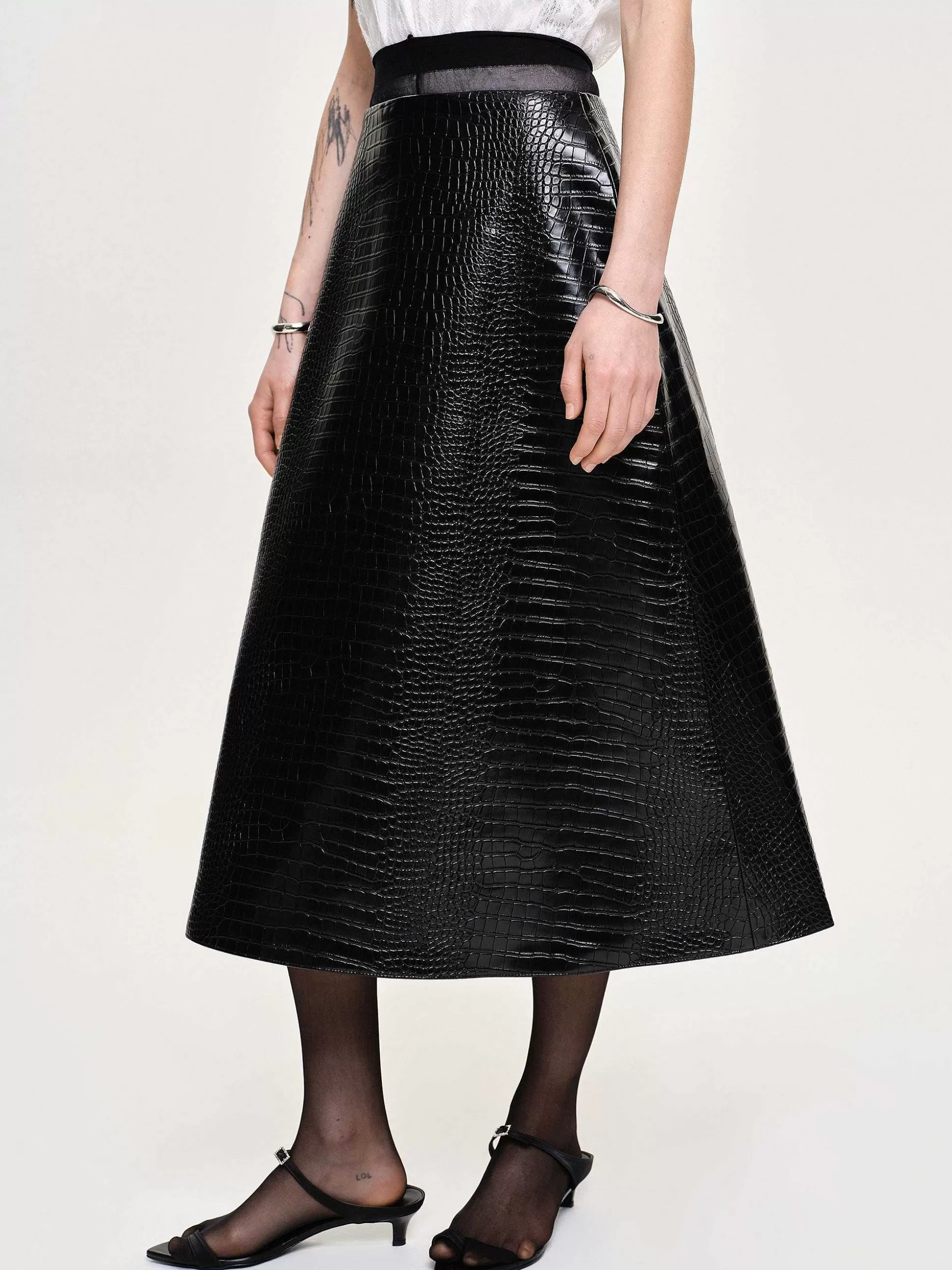 Women Source Unknown Clothing-Croc-Embossed Midi Skirt, Black