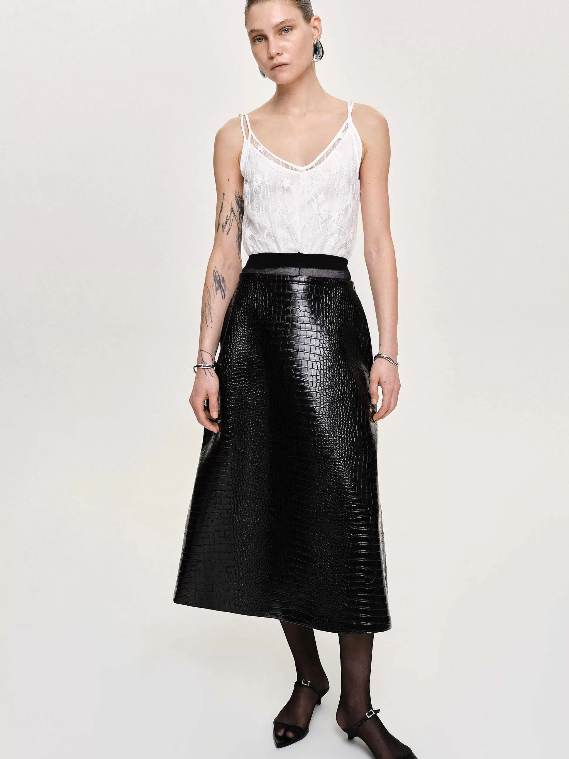 Women Source Unknown Clothing-Croc-Embossed Midi Skirt, Black