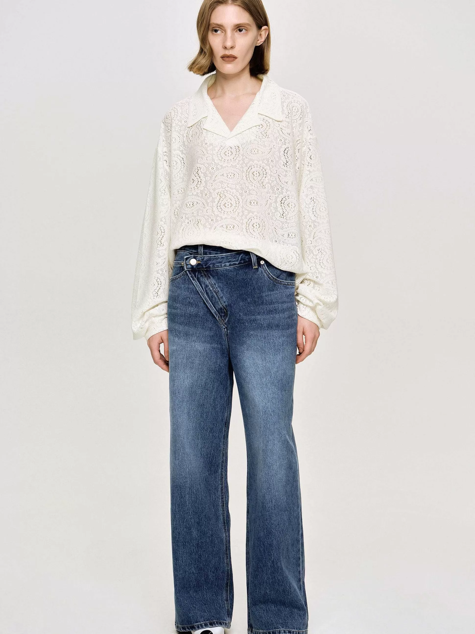 Women Source Unknown Denim-Crossover Jeans, Dark Stone Wash