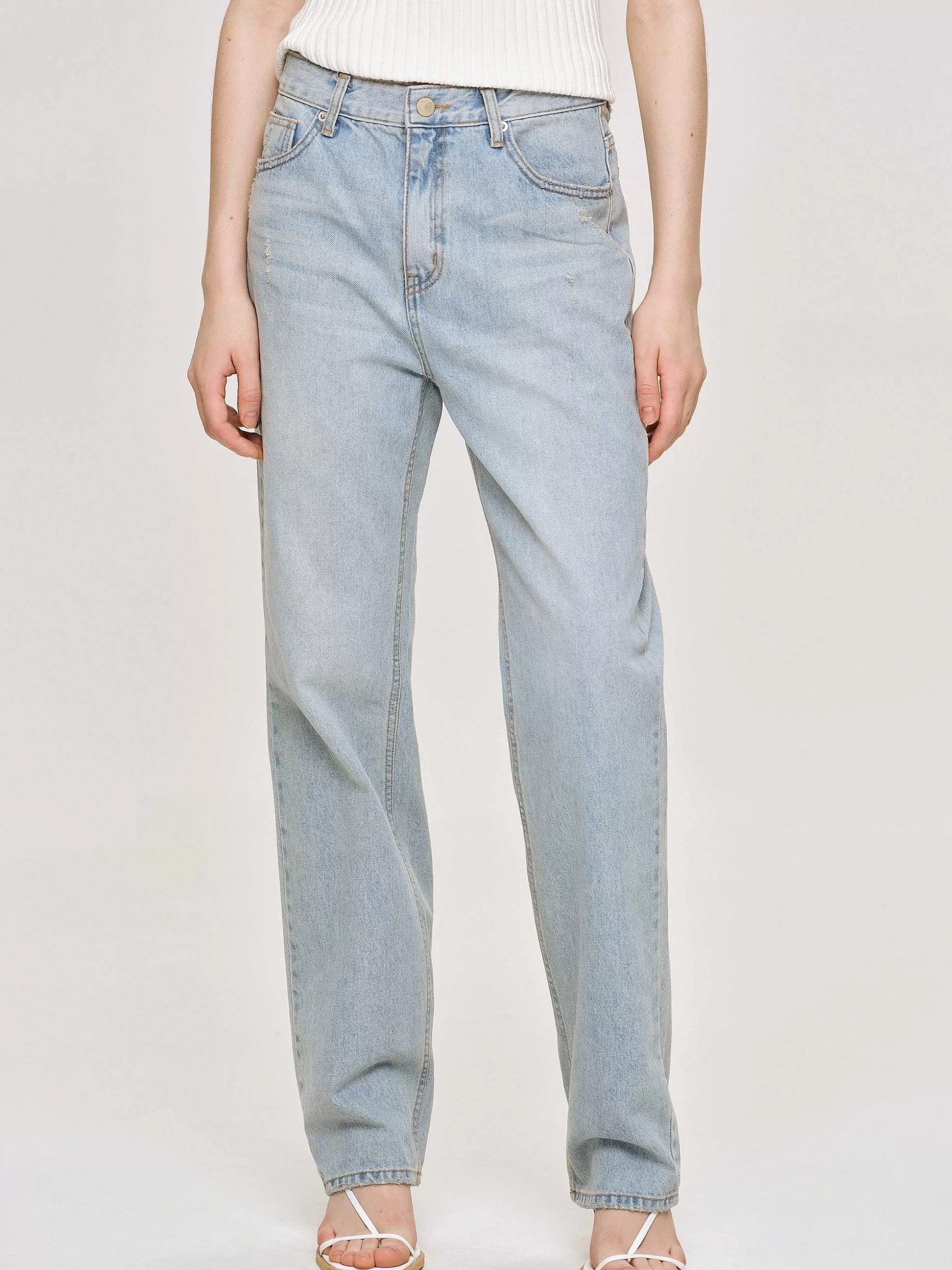 Women Source Unknown Denim-Distressed Straight Jeans, Light Vintage Blue
