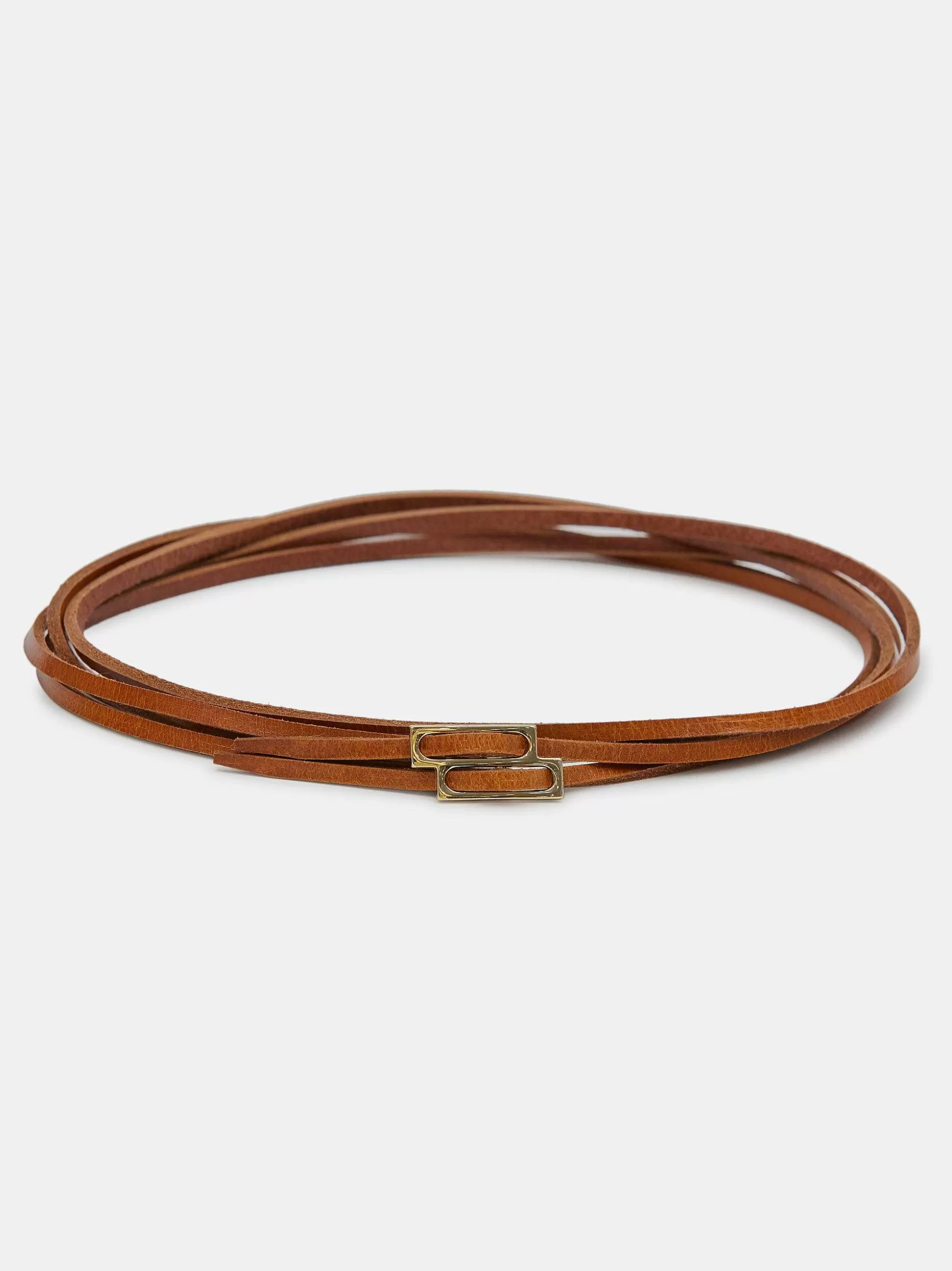 Women Source Unknown Clothing-Double Thin Leather Belt, Tan