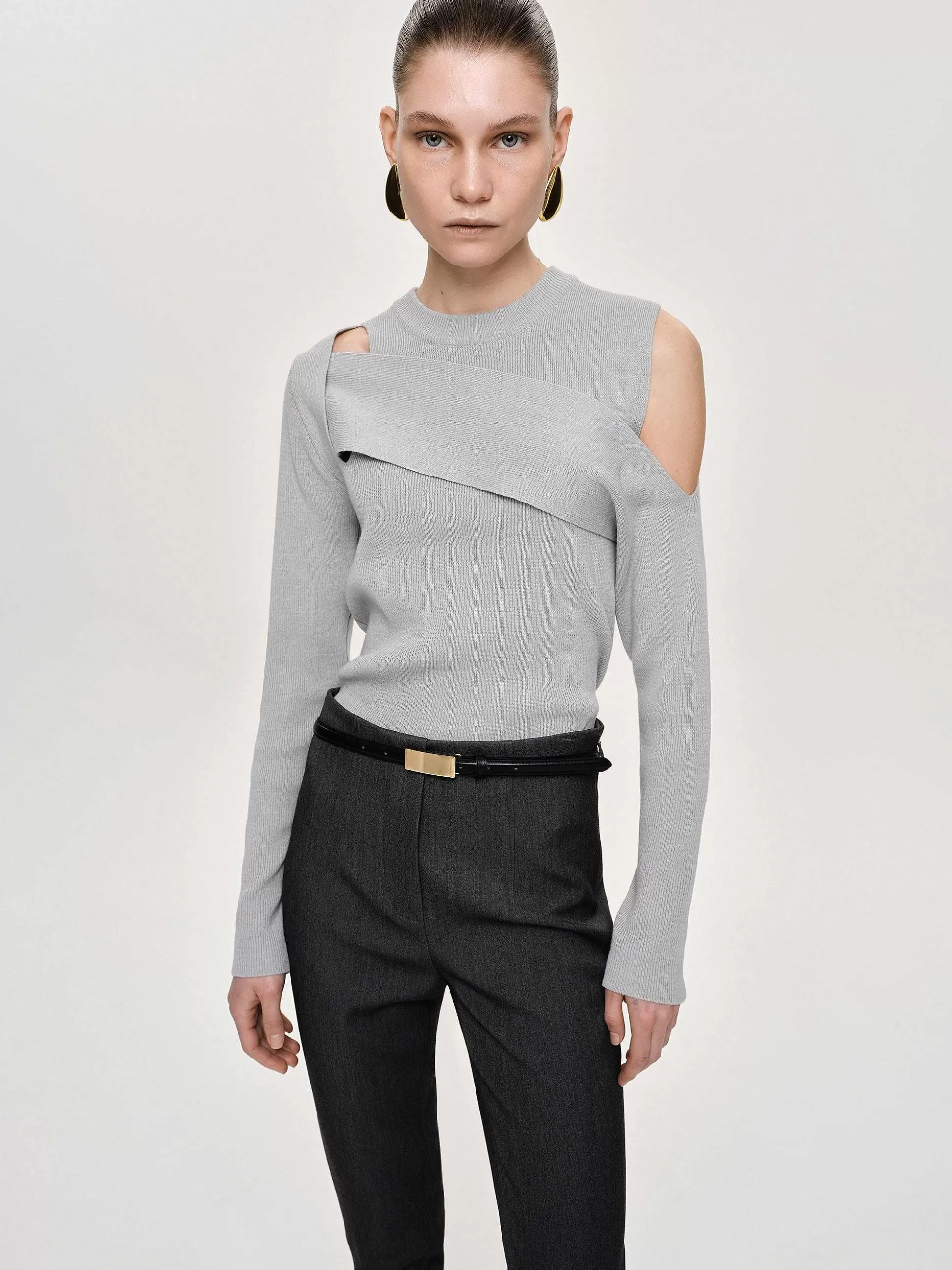Women Source Unknown Clothing-Draped Cut-Out Knit, Taupe Gray