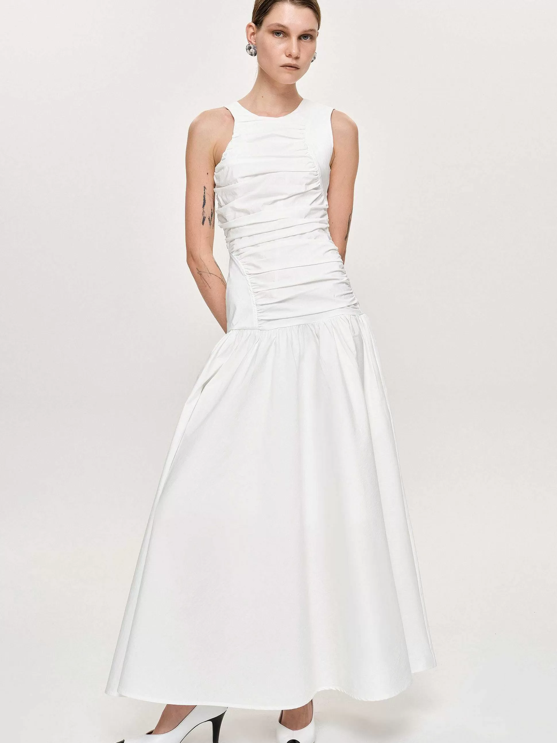 Women Source Unknown Accessories-Drop Waist Ruched Dress, Off White