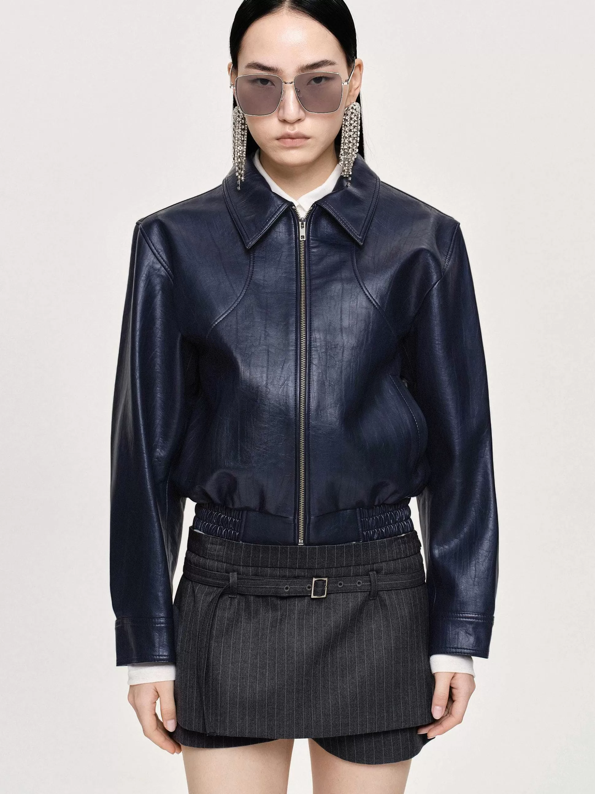 Women Source Unknown Accessories-Ennio Faux-Leather Bomber Jacket, Navy