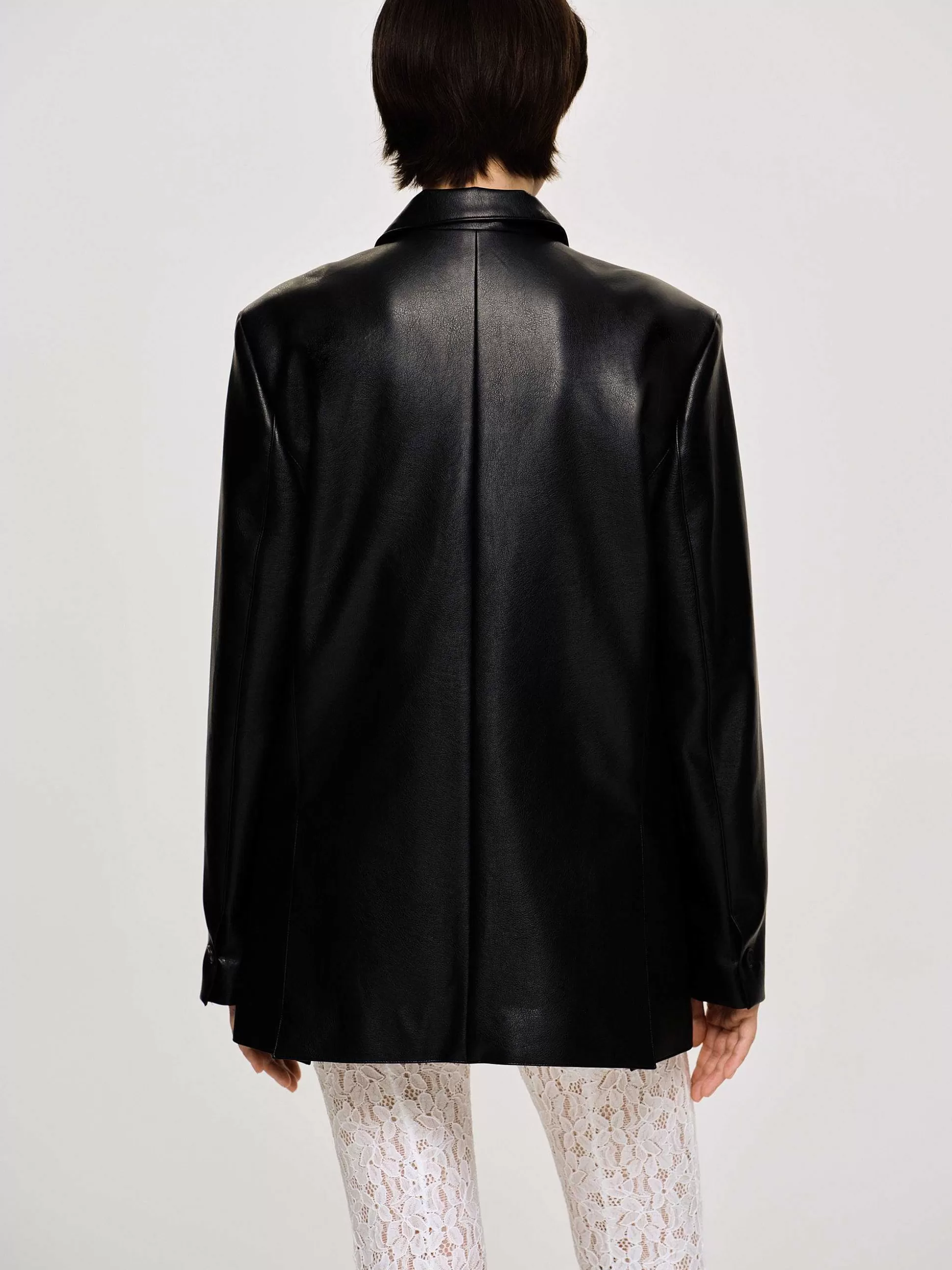 Women Source Unknown Clothing-Faux Leather Button Jacket, Black