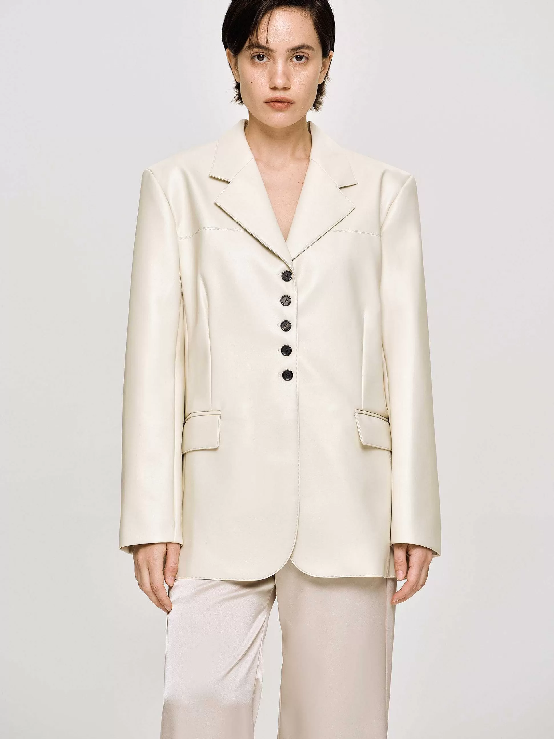 Women Source Unknown Clothing-Faux Leather Button Jacket, Warm Beige