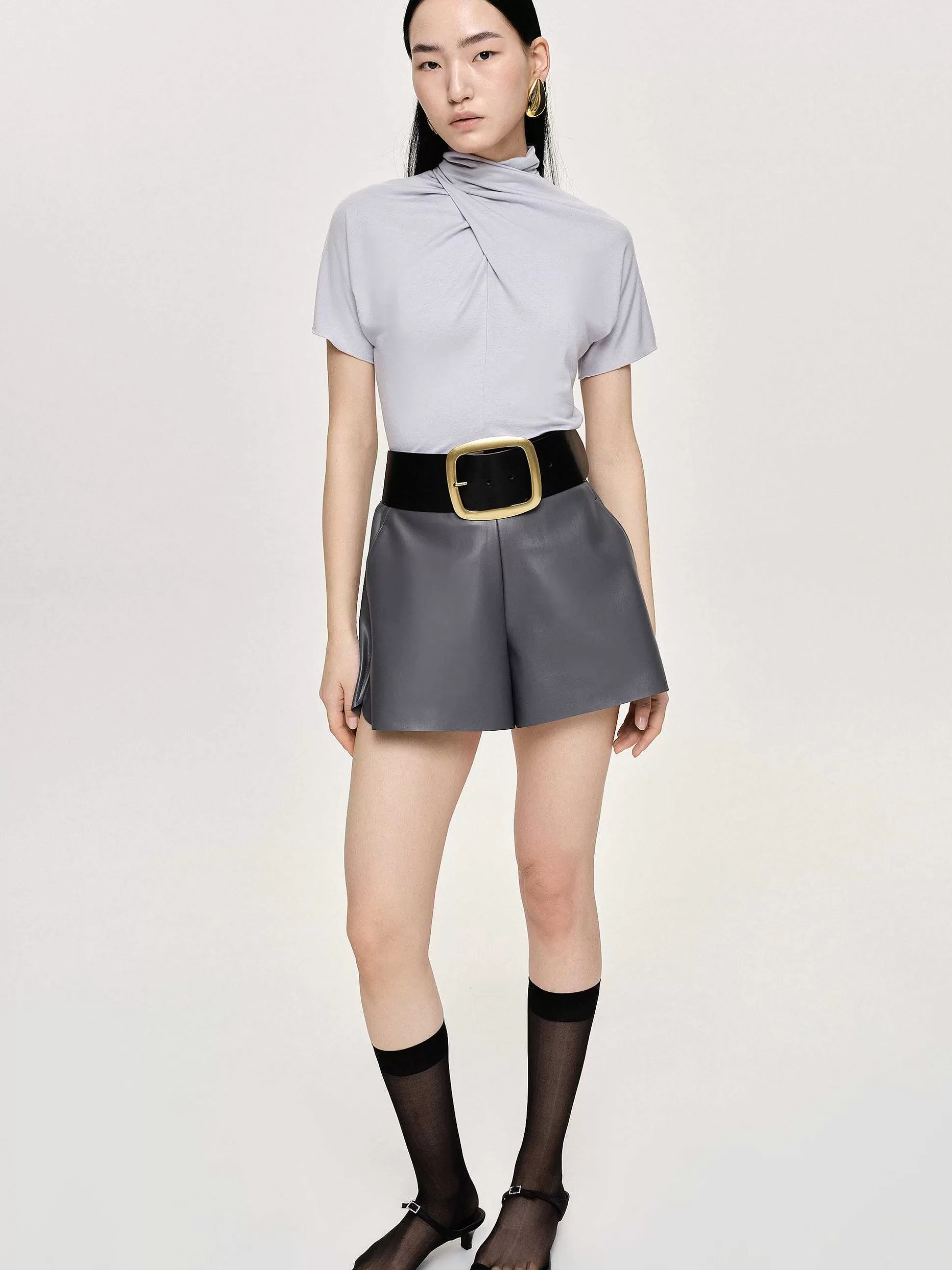 Women Source Unknown Accessories-Faux Leather Shorts, Fossil Grey