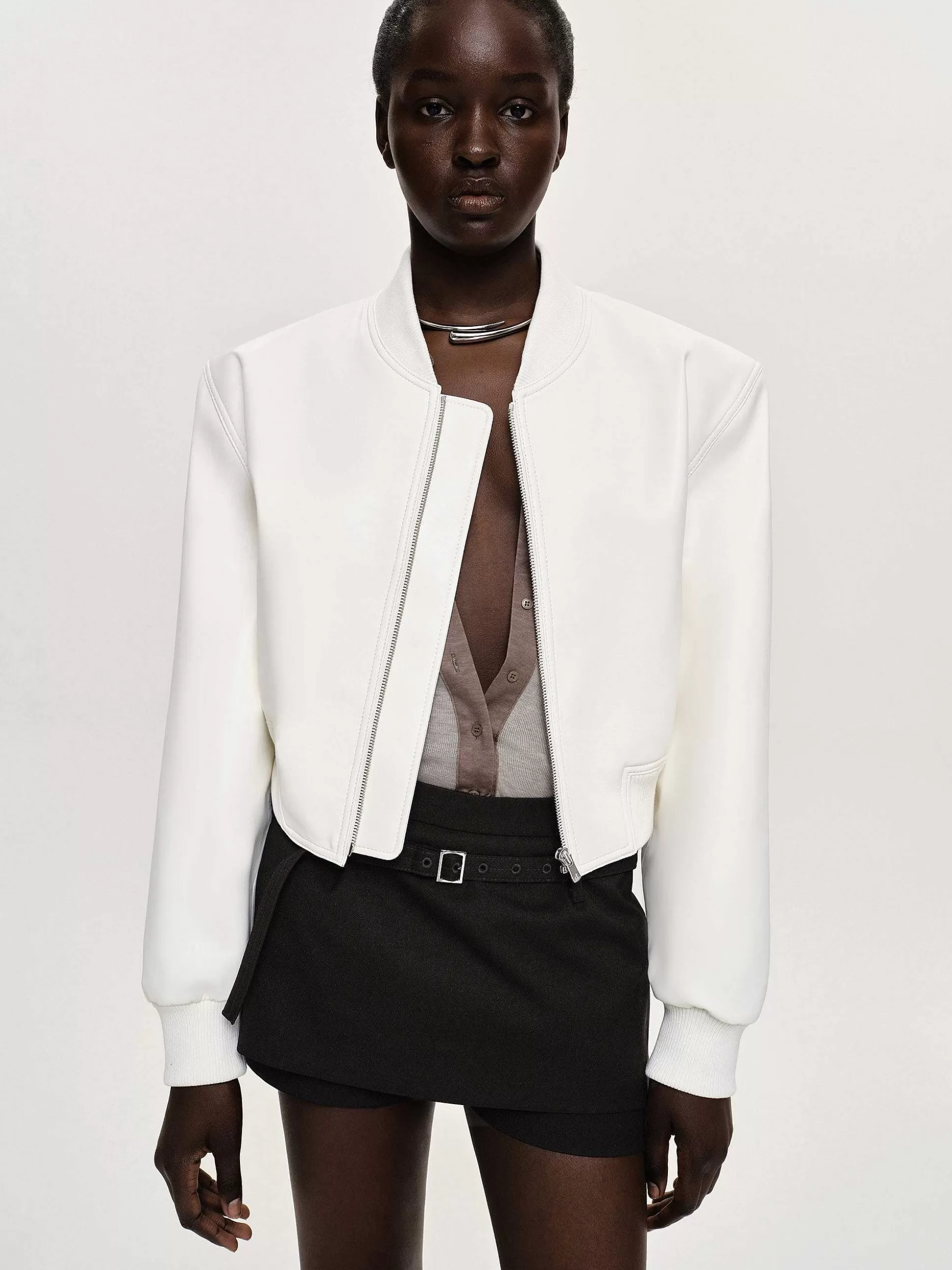 Women Source Unknown Clothing-Faux-Leather Bomber Jacket, White
