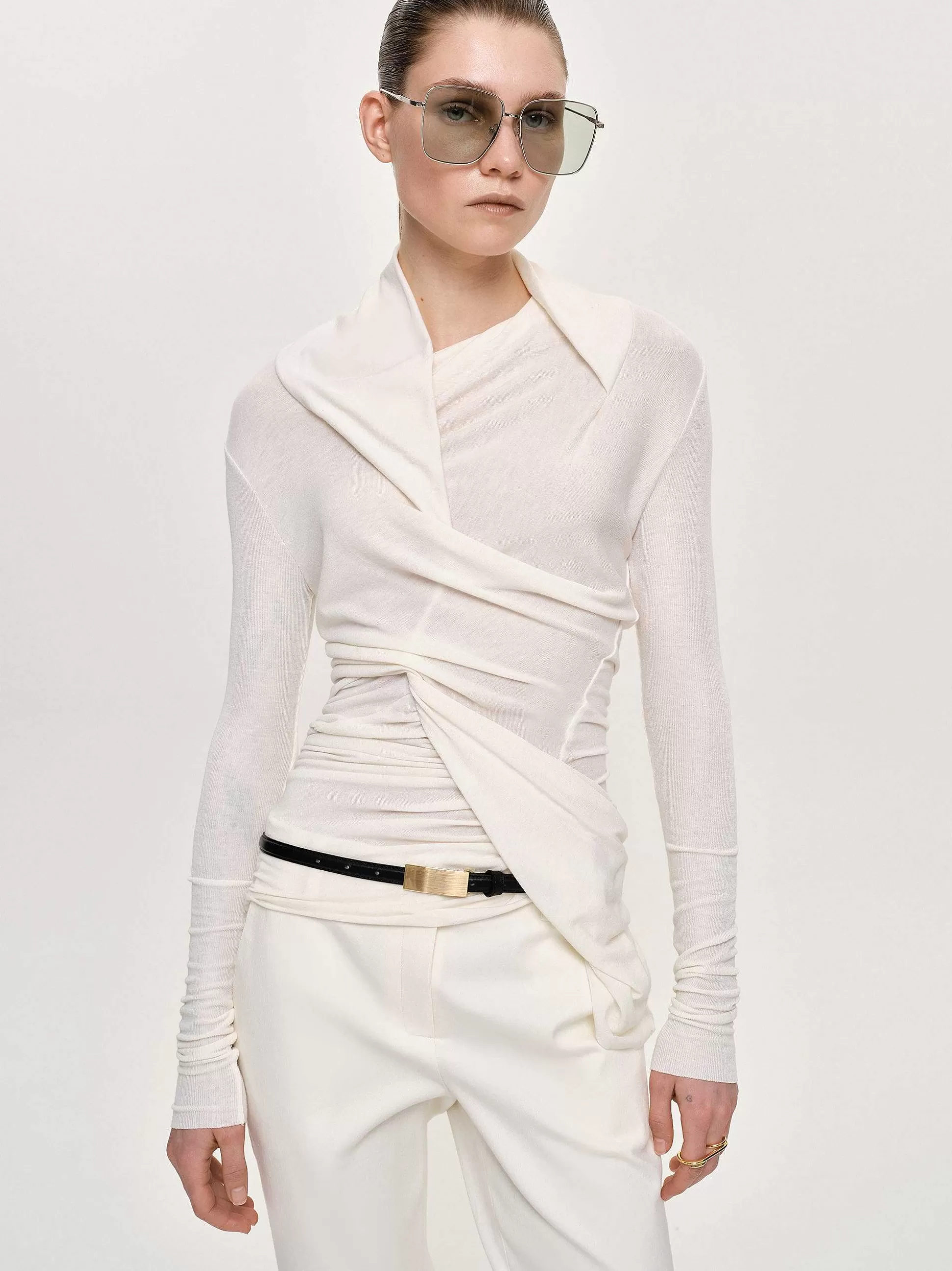 Women Source Unknown Clothing-Folgore Asymmetric Drape Top, Ivory