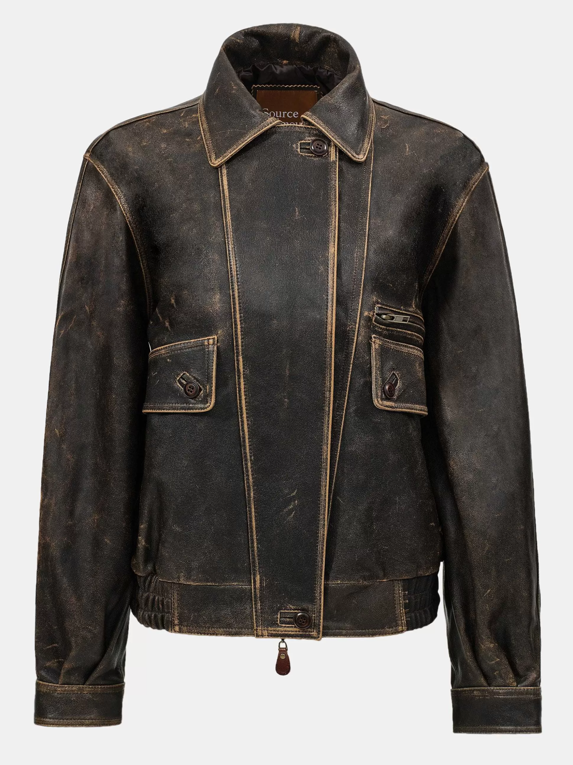 Women Source Unknown Accessories-Geva Faded Lambskin Bomber Jacket, Brown