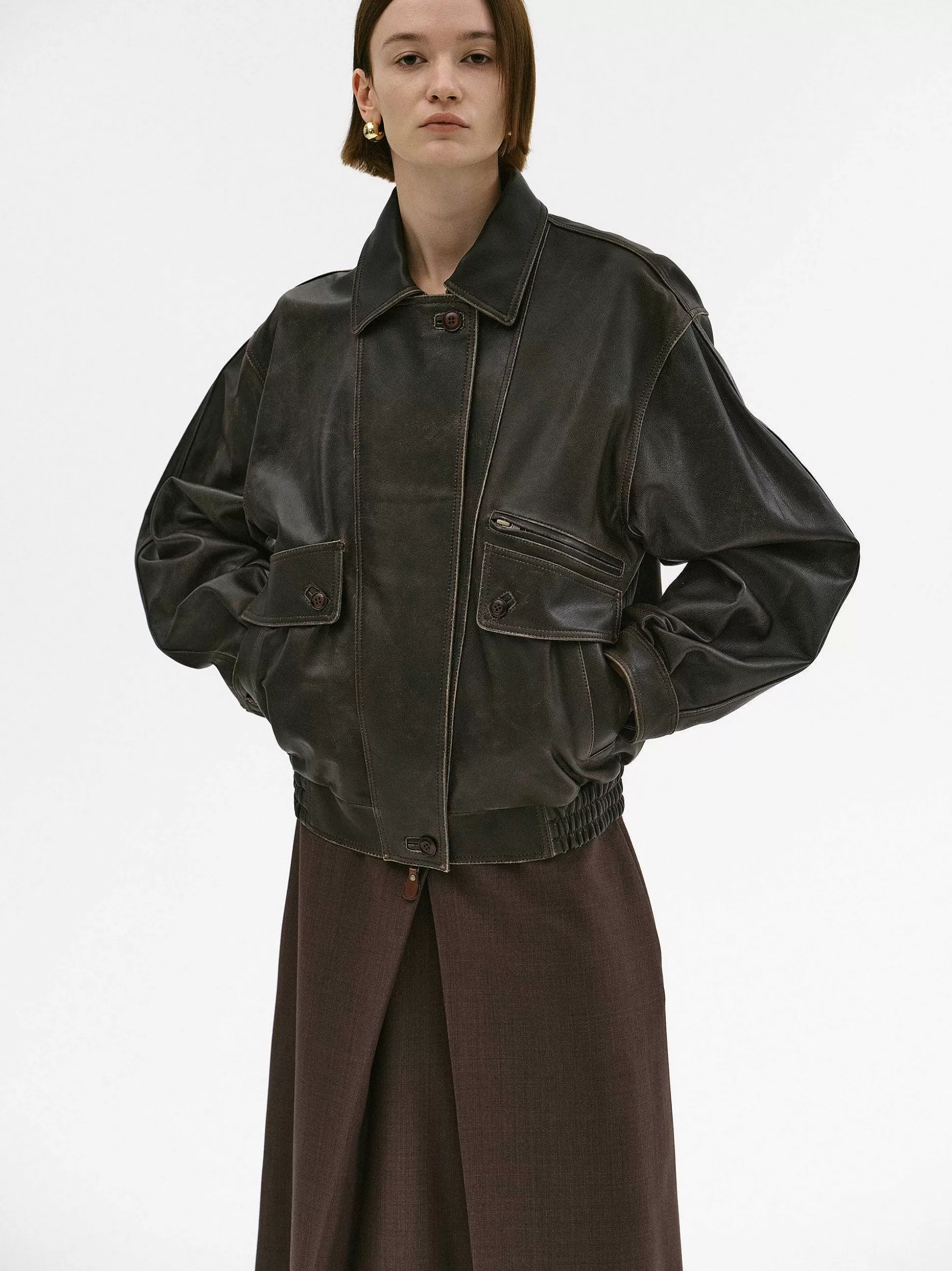 Women Source Unknown Accessories-Geva Faded Lambskin Bomber Jacket, Brown