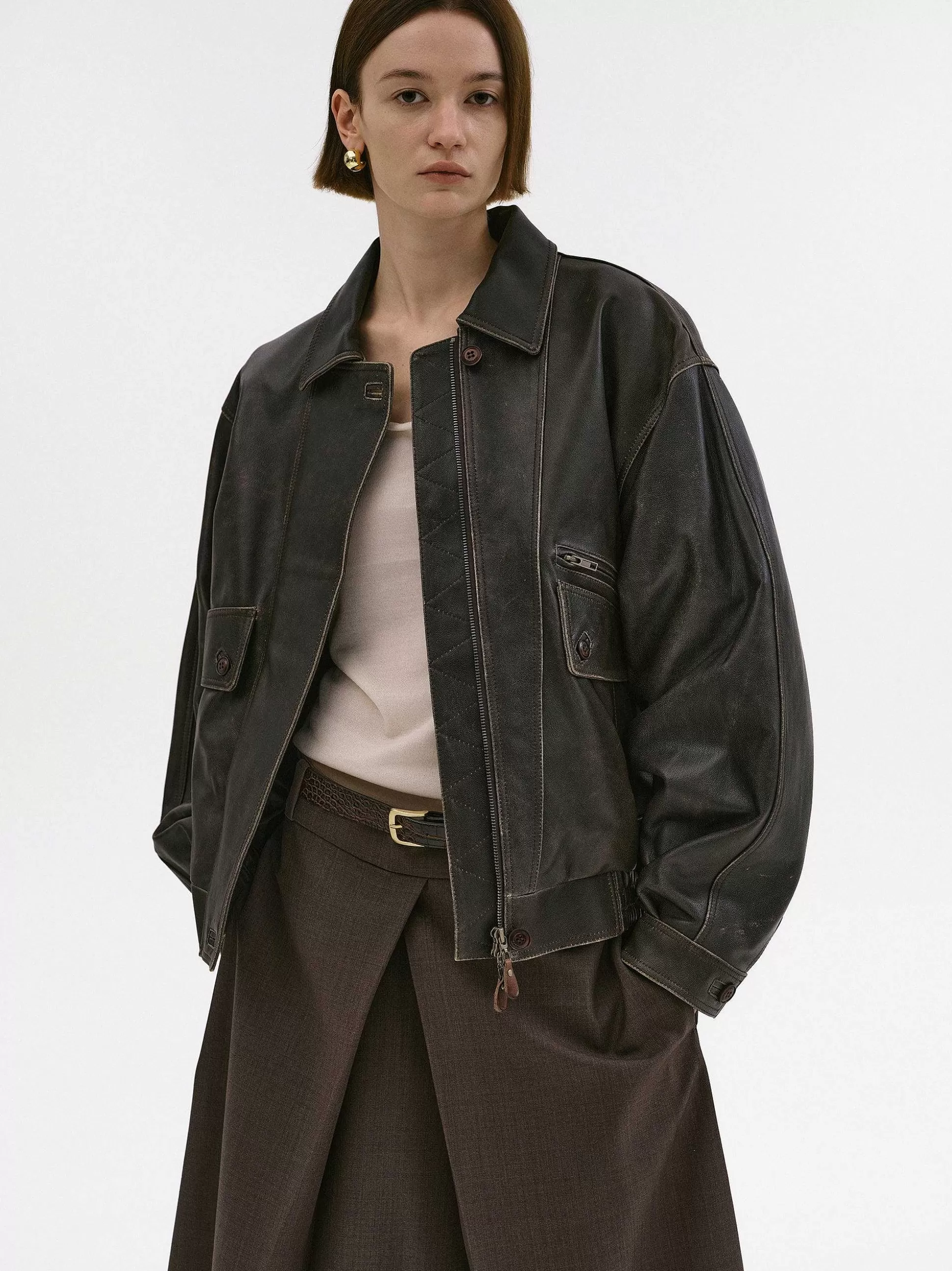 Women Source Unknown Accessories-Geva Faded Lambskin Bomber Jacket, Brown