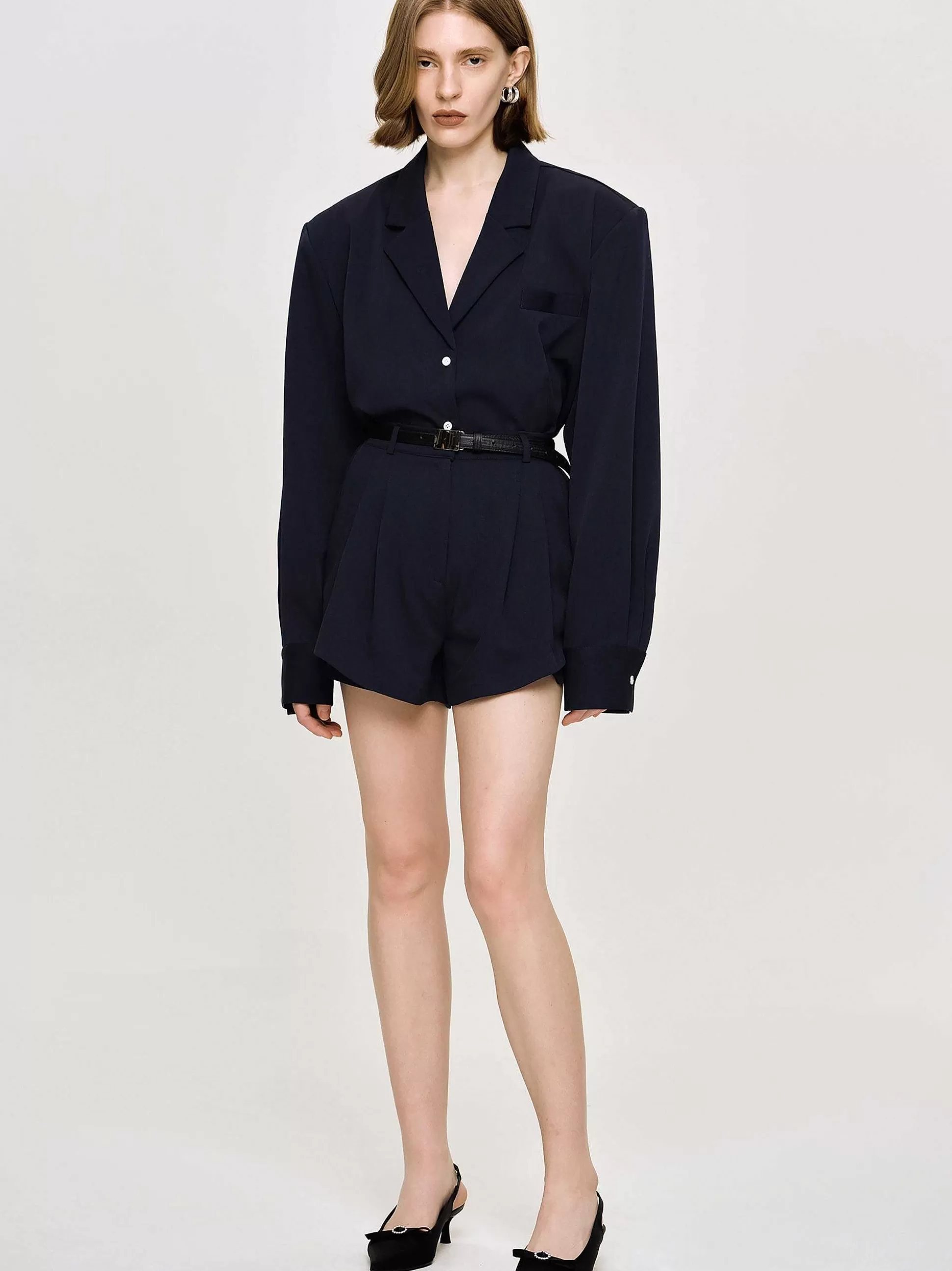 Women Source Unknown Clothing-High Rise Angled Shorts, Navy