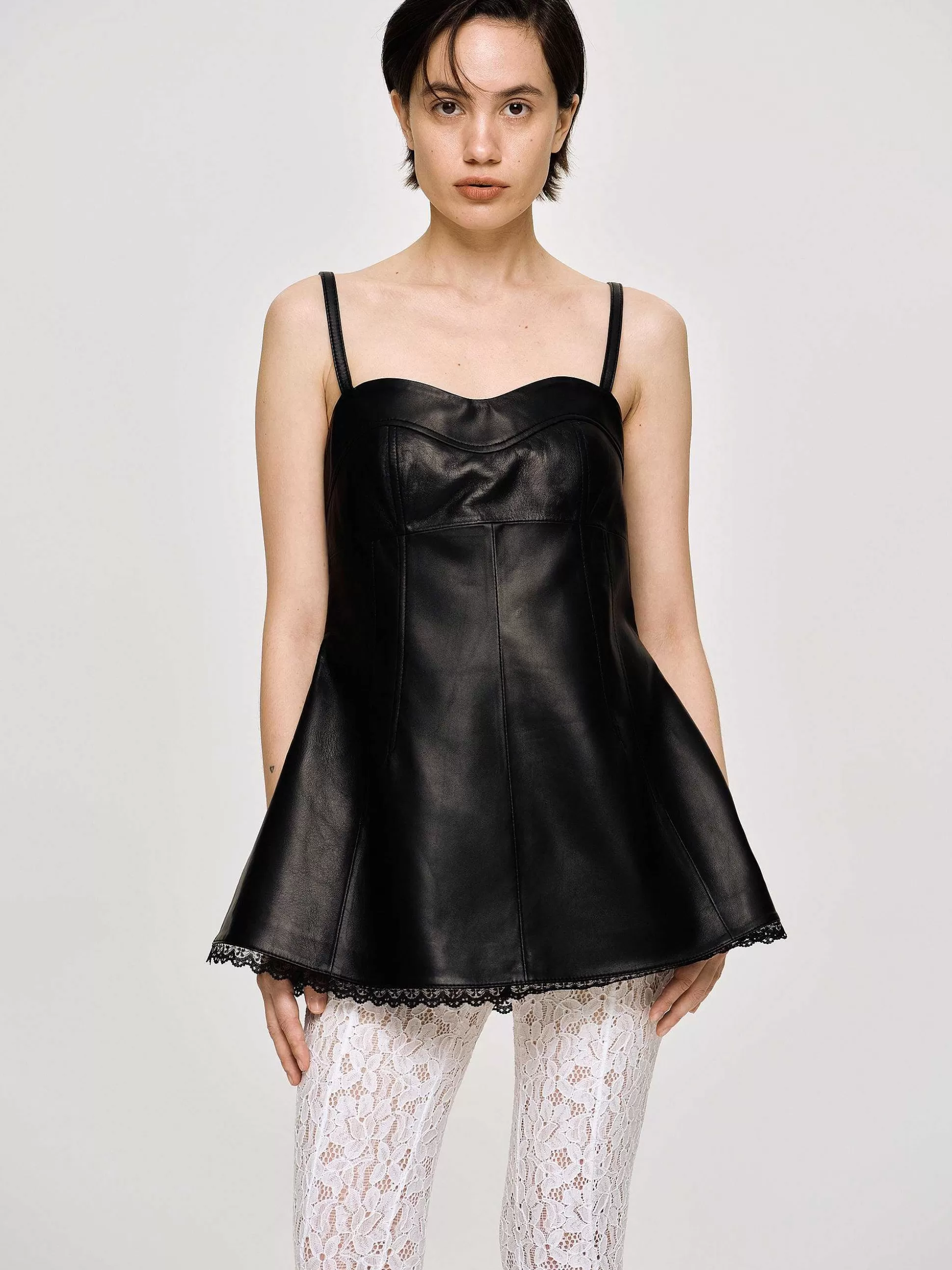 Women Source Unknown Clothing-Lambskin Bustier Leather Top, Black