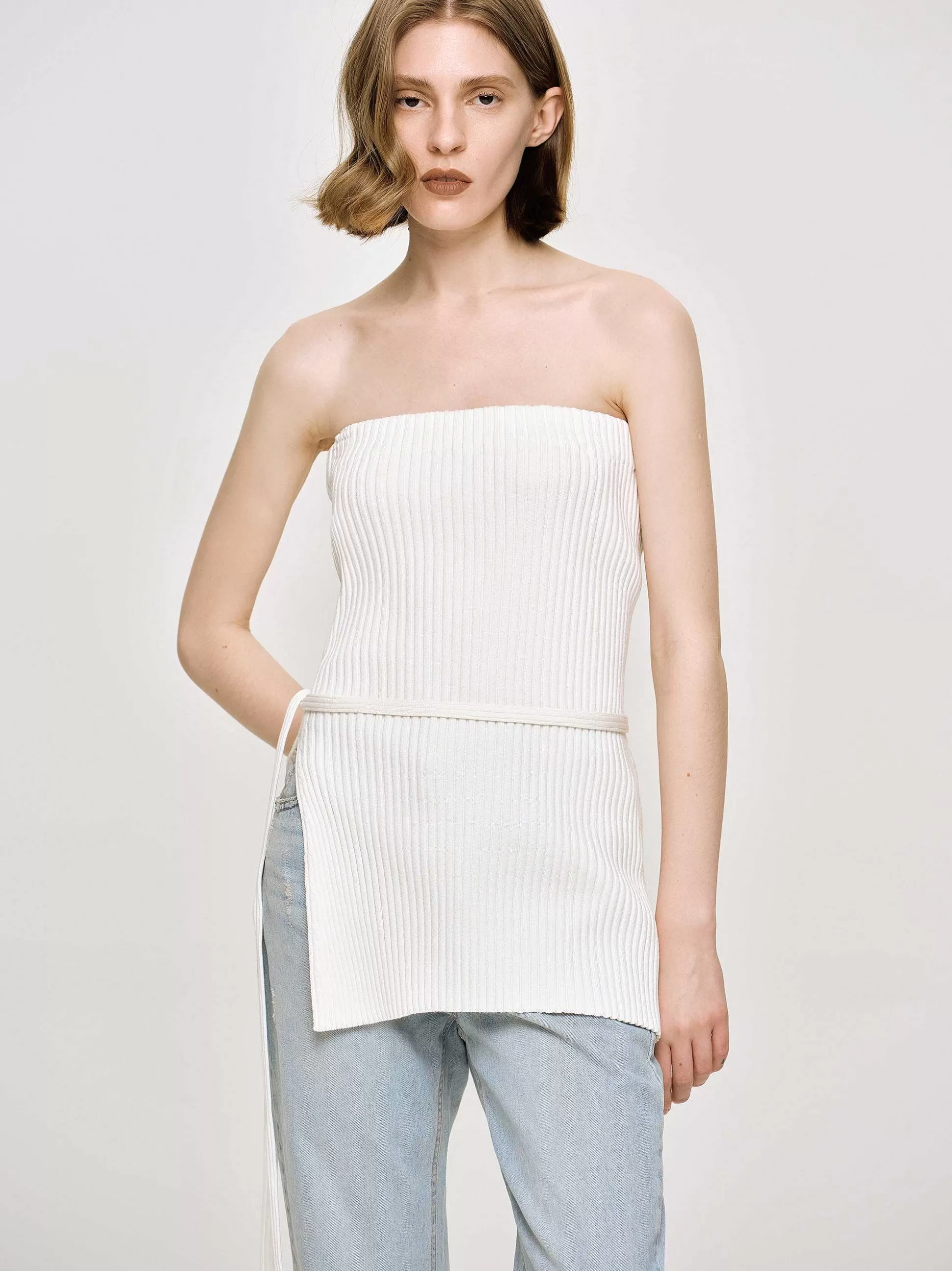 Women Source Unknown Clothing-Long Split Rib Knit, White