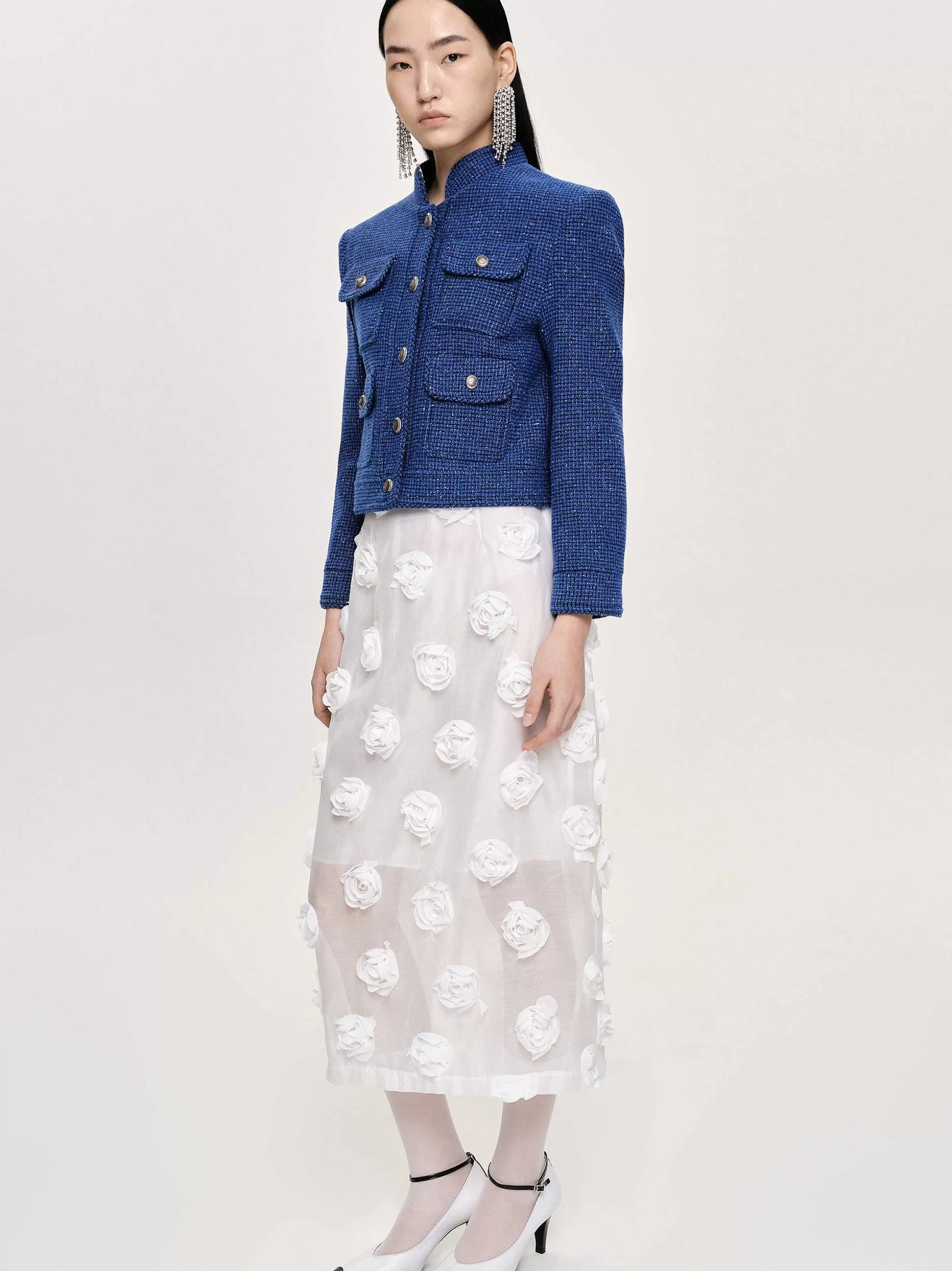 Women Source Unknown Clothing-Rose Applique Midi Skirt, White
