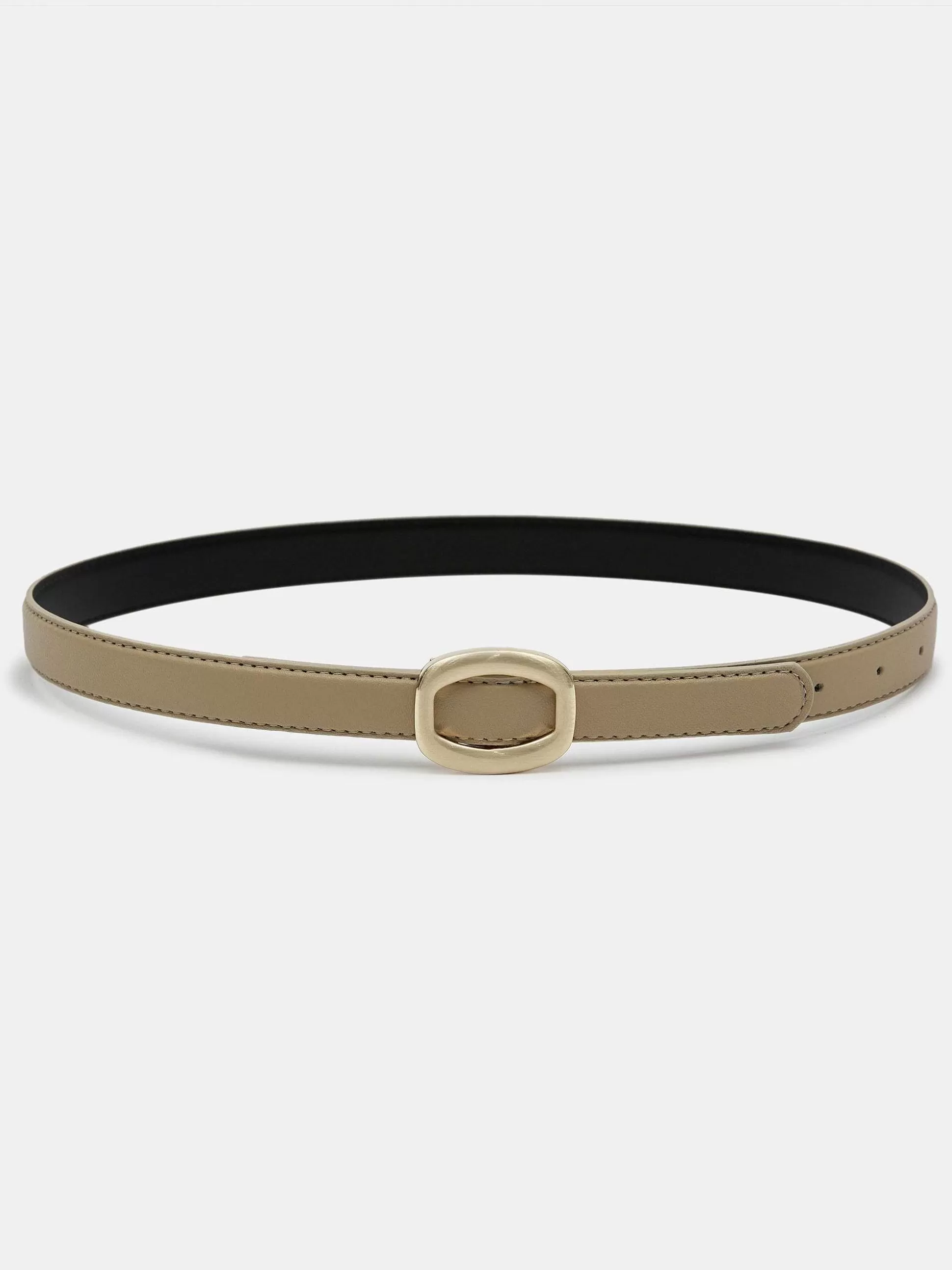 Women Source Unknown Clothing-Round Hexagon Leather Belt, Beige/Gold