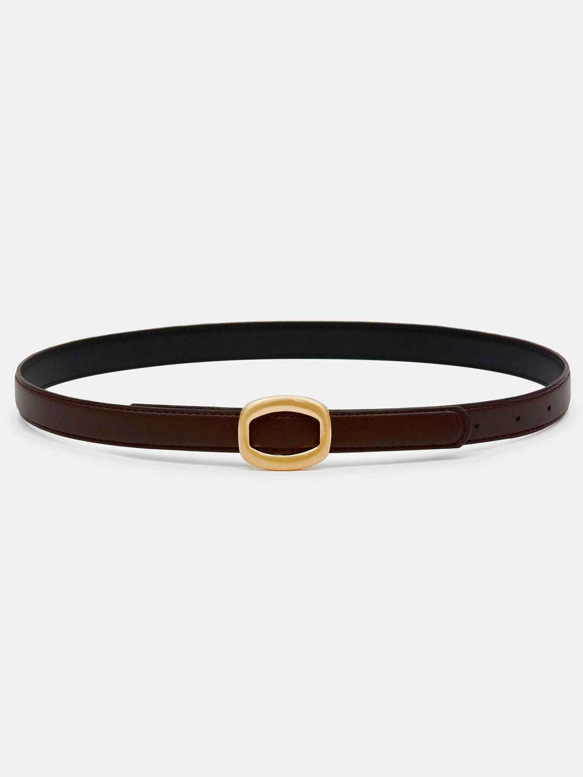 Women Source Unknown Clothing-Round Hexagon Leather Belt, Brown/Gold