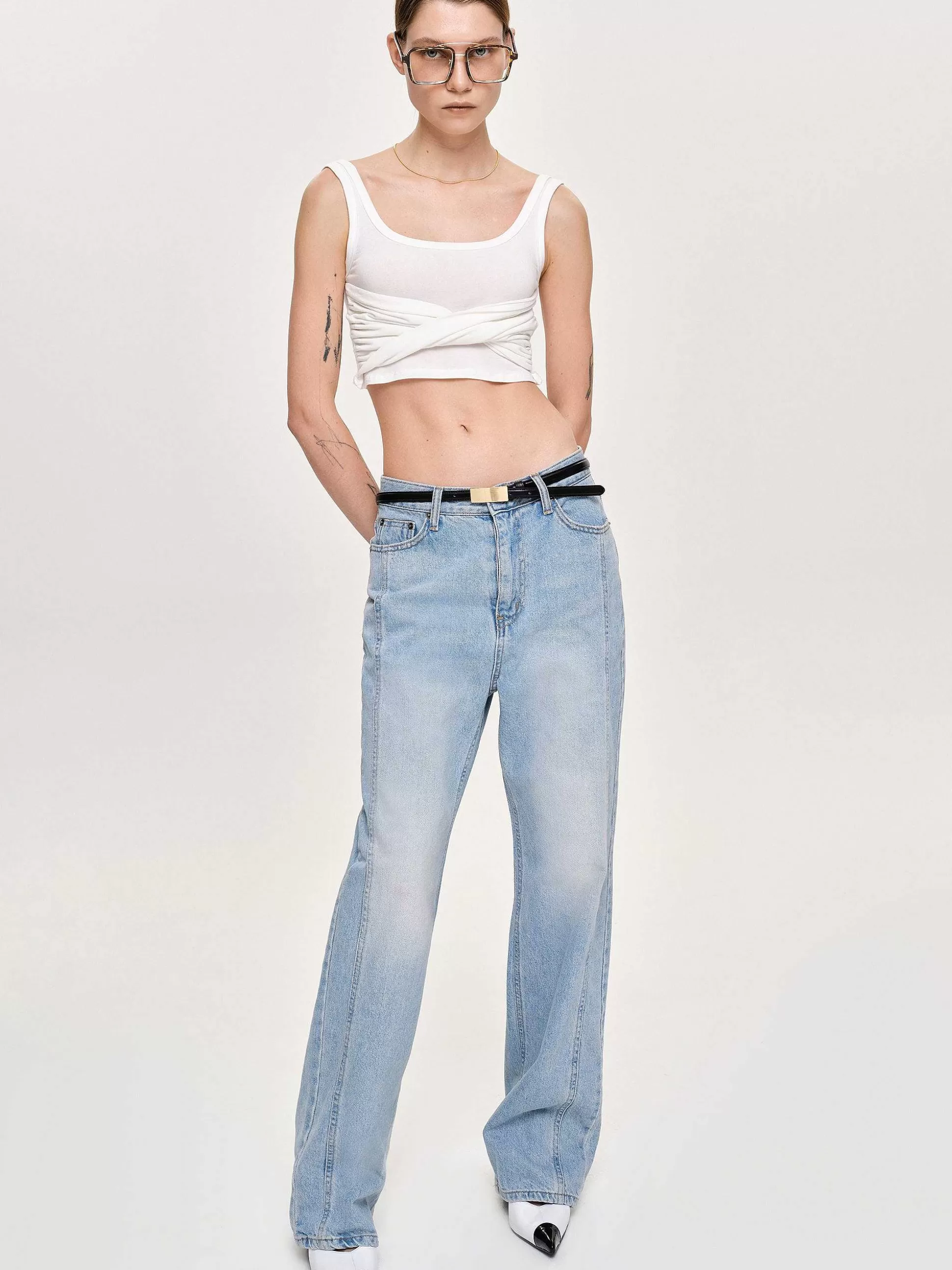 Women Source Unknown Denim-Side Paneled Straight Jeans, Light Washed Blue