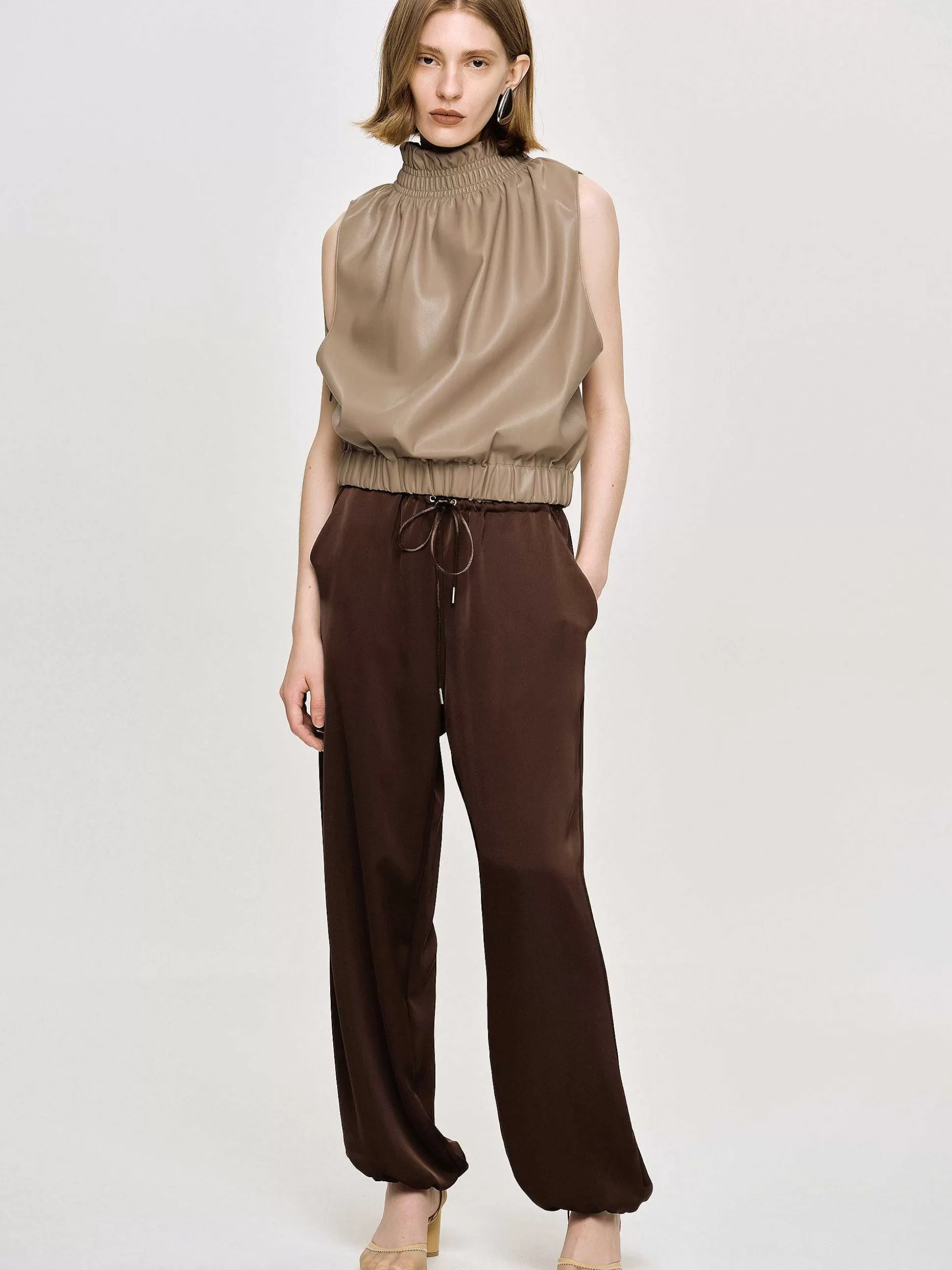 Women Source Unknown Accessories-Sleeveless Leather Top, Beige