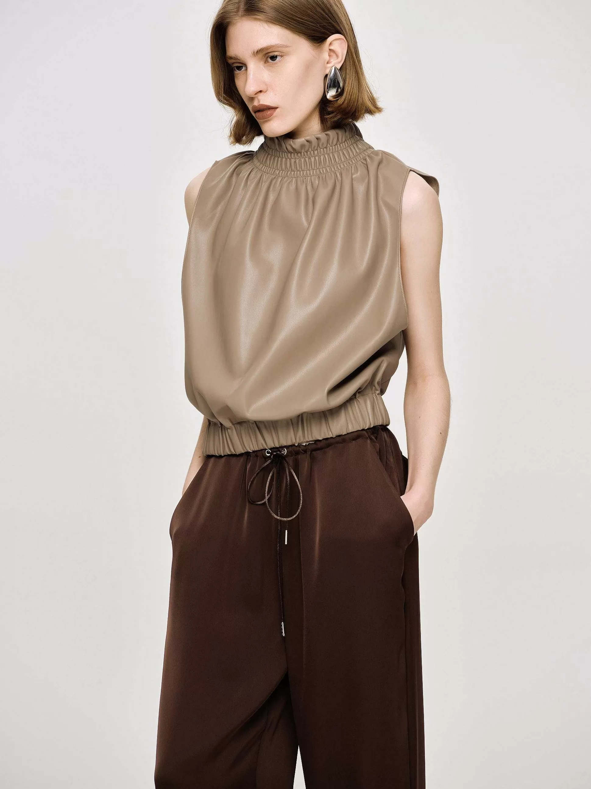 Women Source Unknown Accessories-Sleeveless Leather Top, Beige