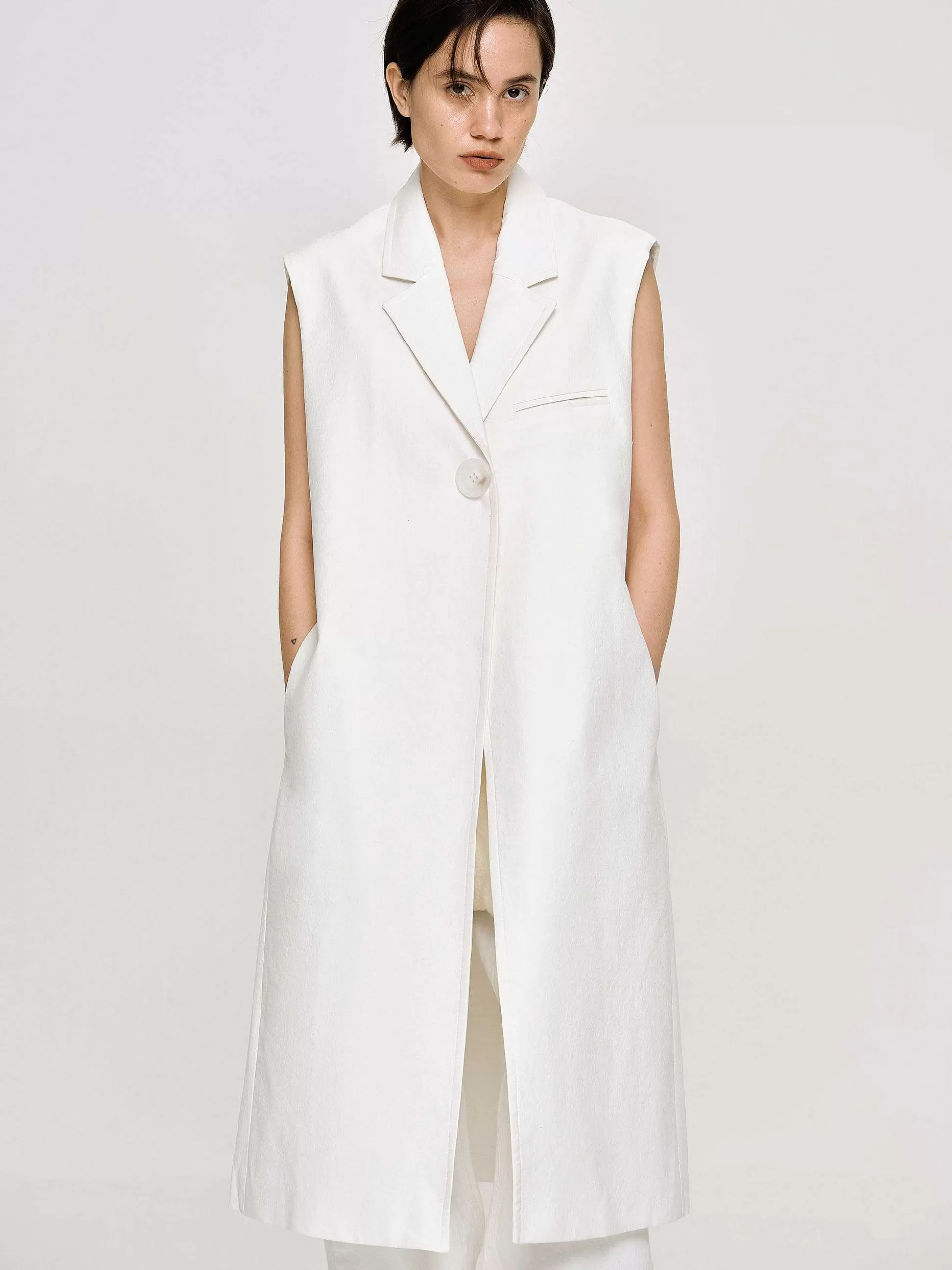 Women Source Unknown Clothing-Sleeveless Long Blazer, White