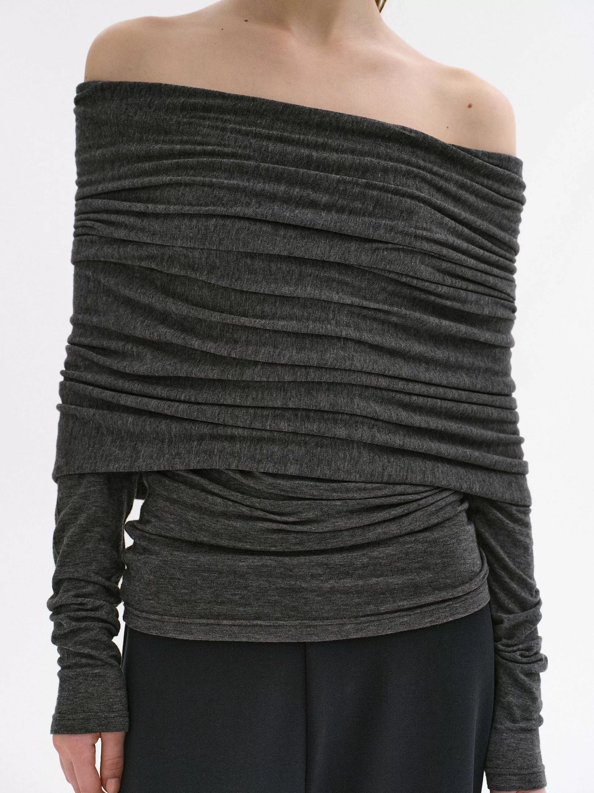 Women Source Unknown Accessories-Tova Off Shoulder Knit, Dark Grey Melange