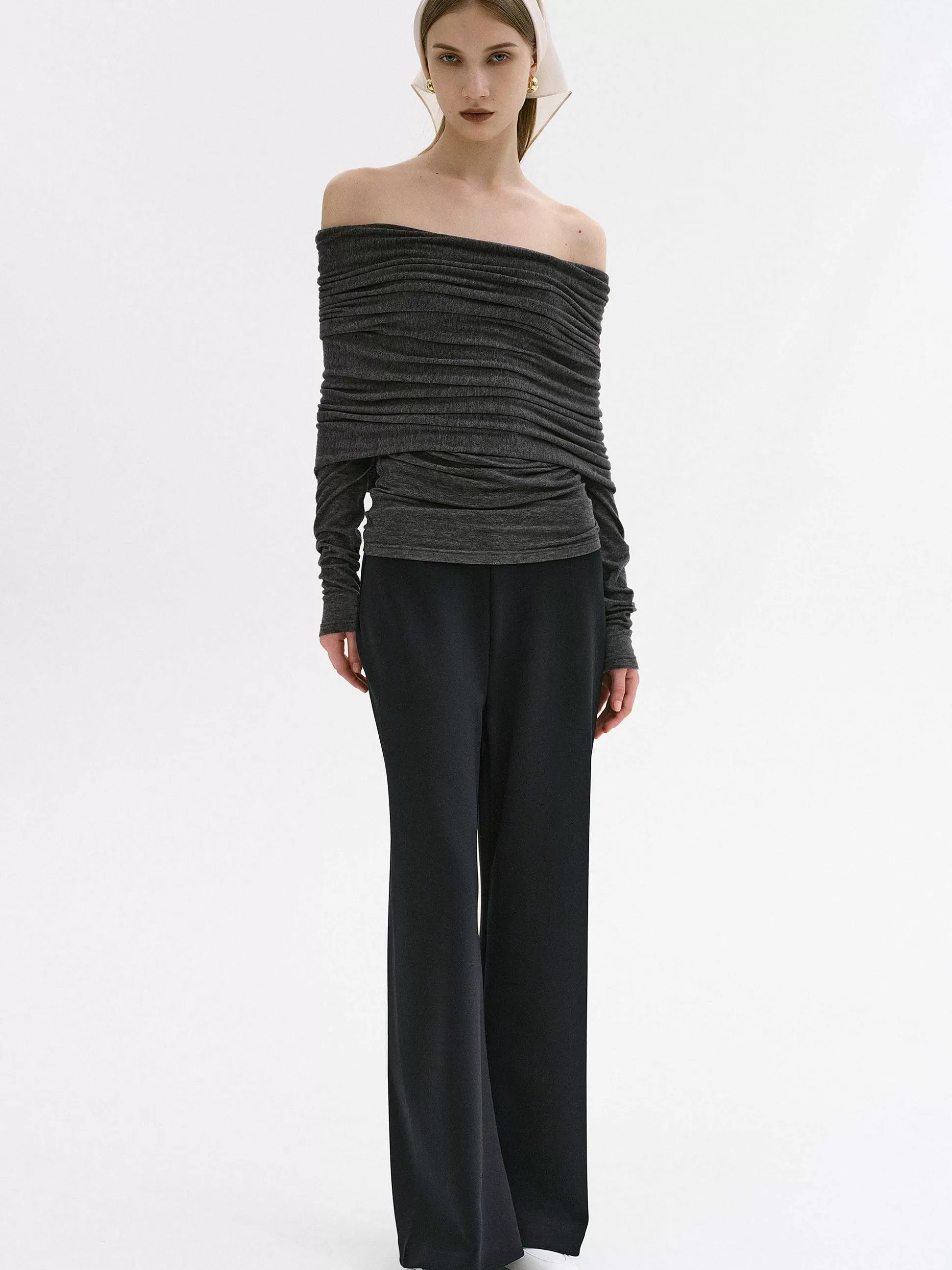 Women Source Unknown Accessories-Tova Off Shoulder Knit, Dark Grey Melange