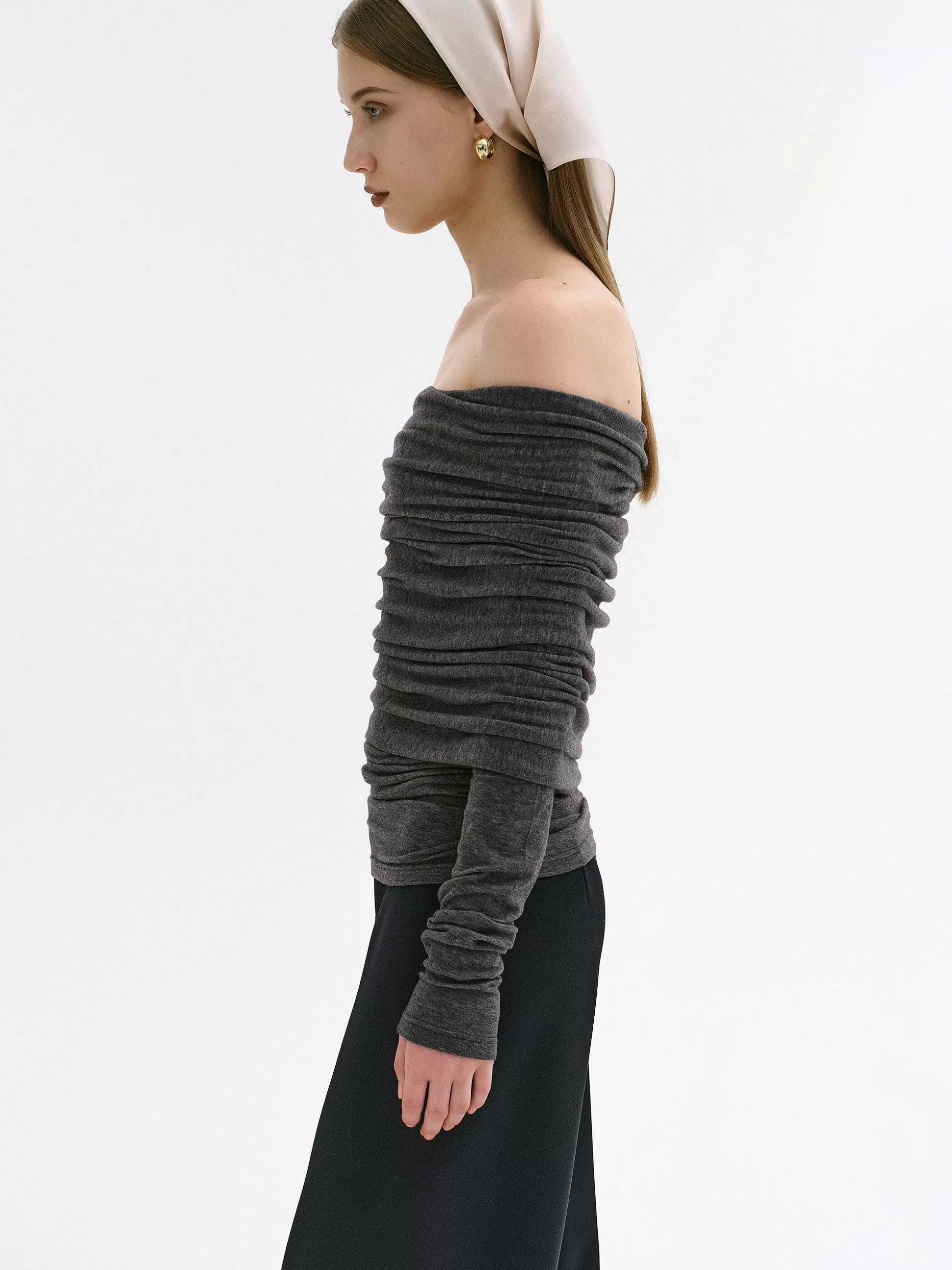 Women Source Unknown Accessories-Tova Off Shoulder Knit, Dark Grey Melange