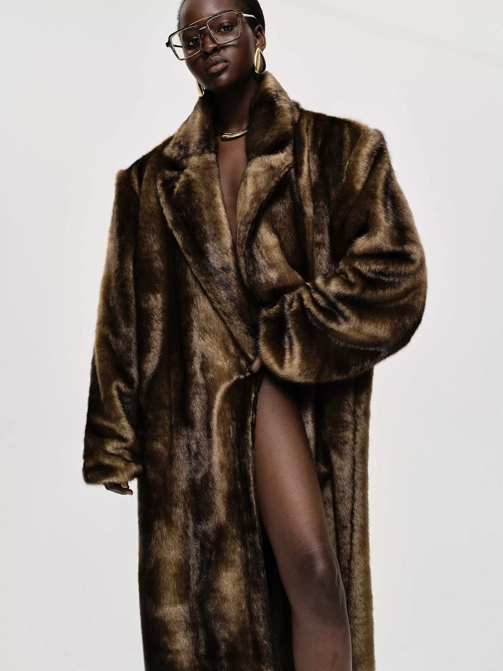 Women Source Unknown Clothing-Wallis Fur Oversized Grandpa Coat, Espresso