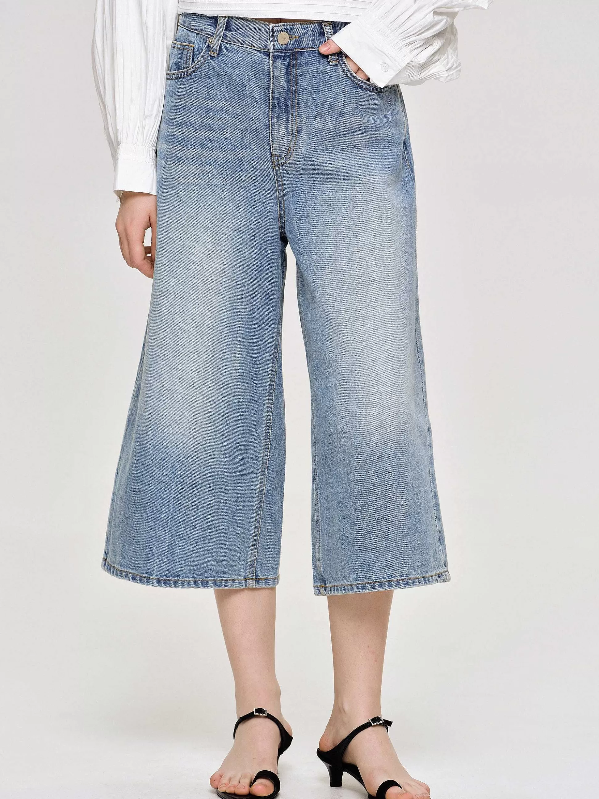 Women Source Unknown Denim-Wide Cropped Jeans, Medium Blue