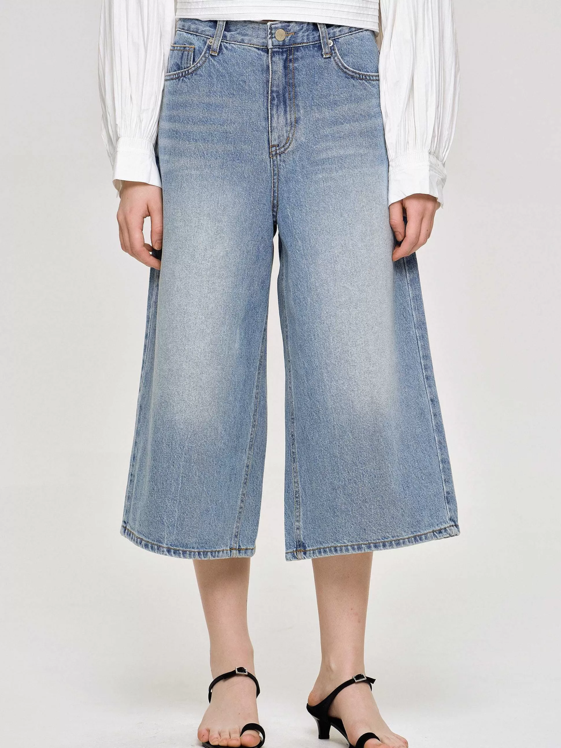 Women Source Unknown Clothing-Wide Cropped Jeans, Medium Blue