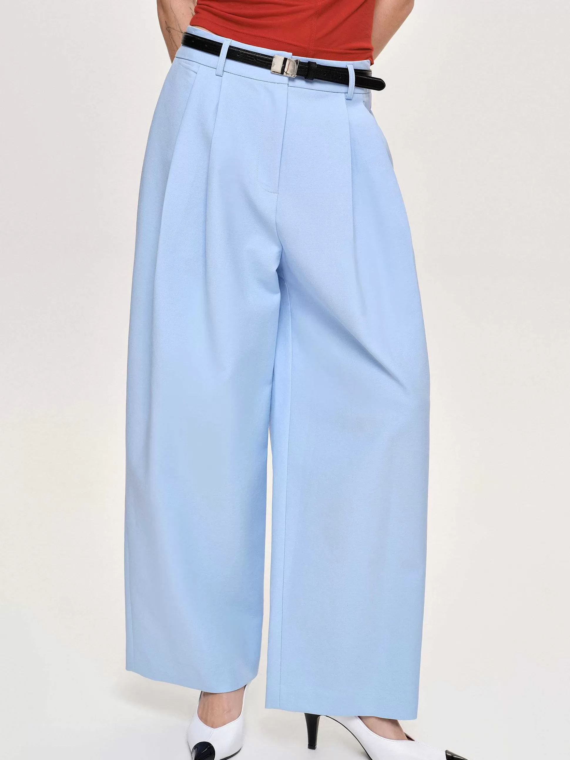 Women Source Unknown Clothing-Wide-Leg Pintuck Trousers, Ice Blue